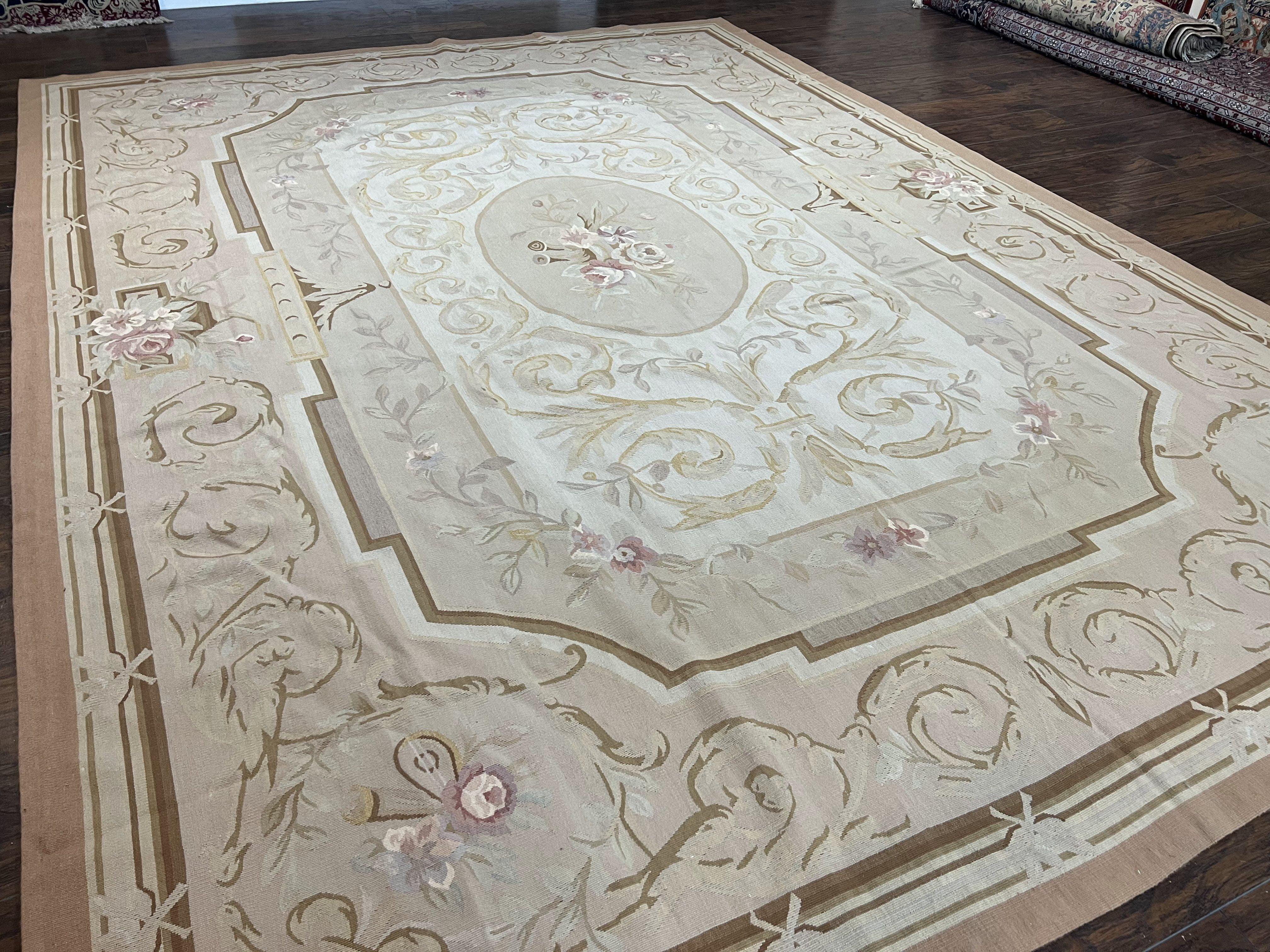 French Aubusson Design Rug 9x12, Savonnerie Flatweave Carpet, Beige, Very Elegant, Hand Woven, Wool, Large Room Sized Living Room Aubusson - Jewel Rugs