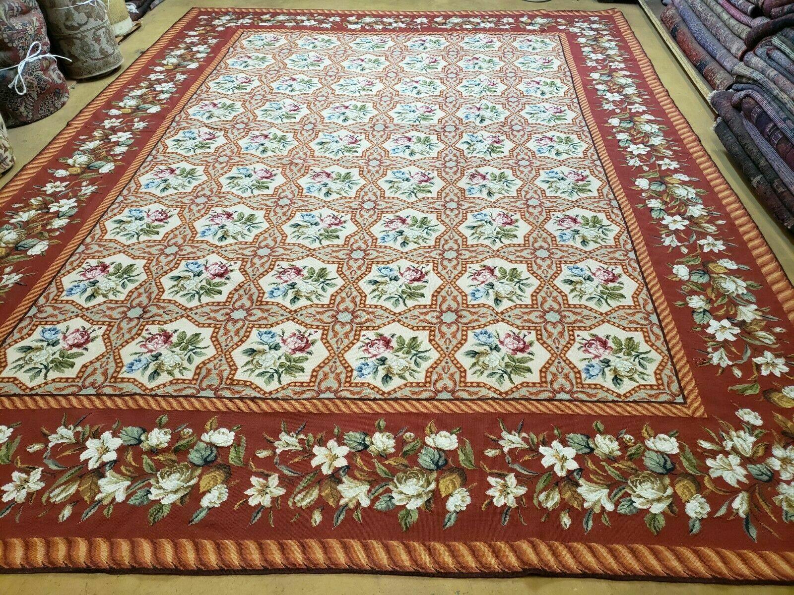 9' X 12' Handmade English Needlepoint Wool Rug Flat Weave - Jewel Rugs