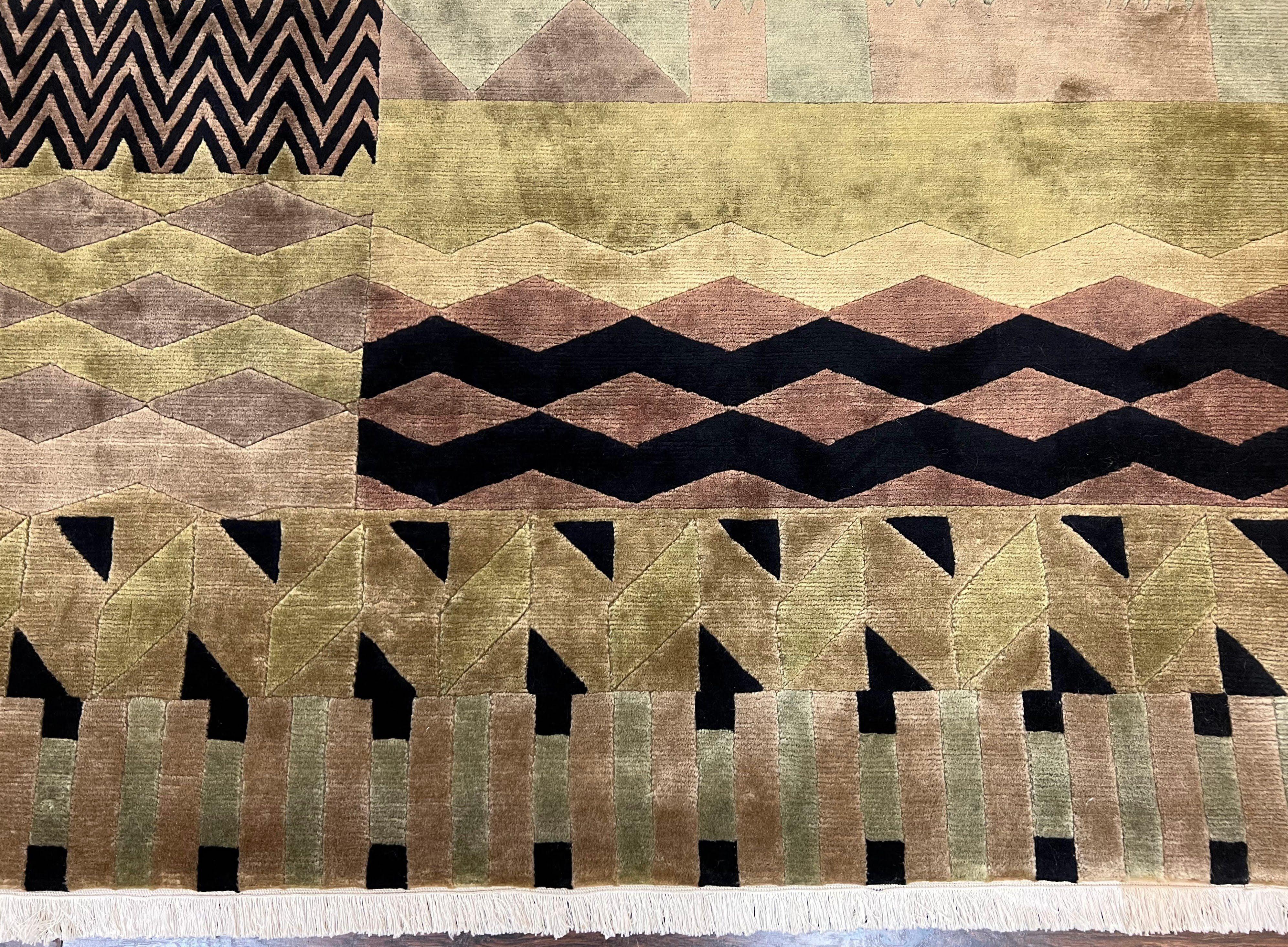 Abstract Tibetan Rug 8x10, Wool Contemporary Area Rug 8 x 10 ft, Bauhaus Modern Rug, Golden Tan Gray Black, Room Sized Nepali Decorative Rug - Jewel Rugs