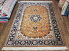 Vintage Persian Qum Silk Rug 4.6 x 6.7, Burnt Orange and Navy Blue, Antique Oriental Very Fine Signature Master Weaver 350+ KPSI Ghom Qom 5x7 Rug - Jewel Rugs