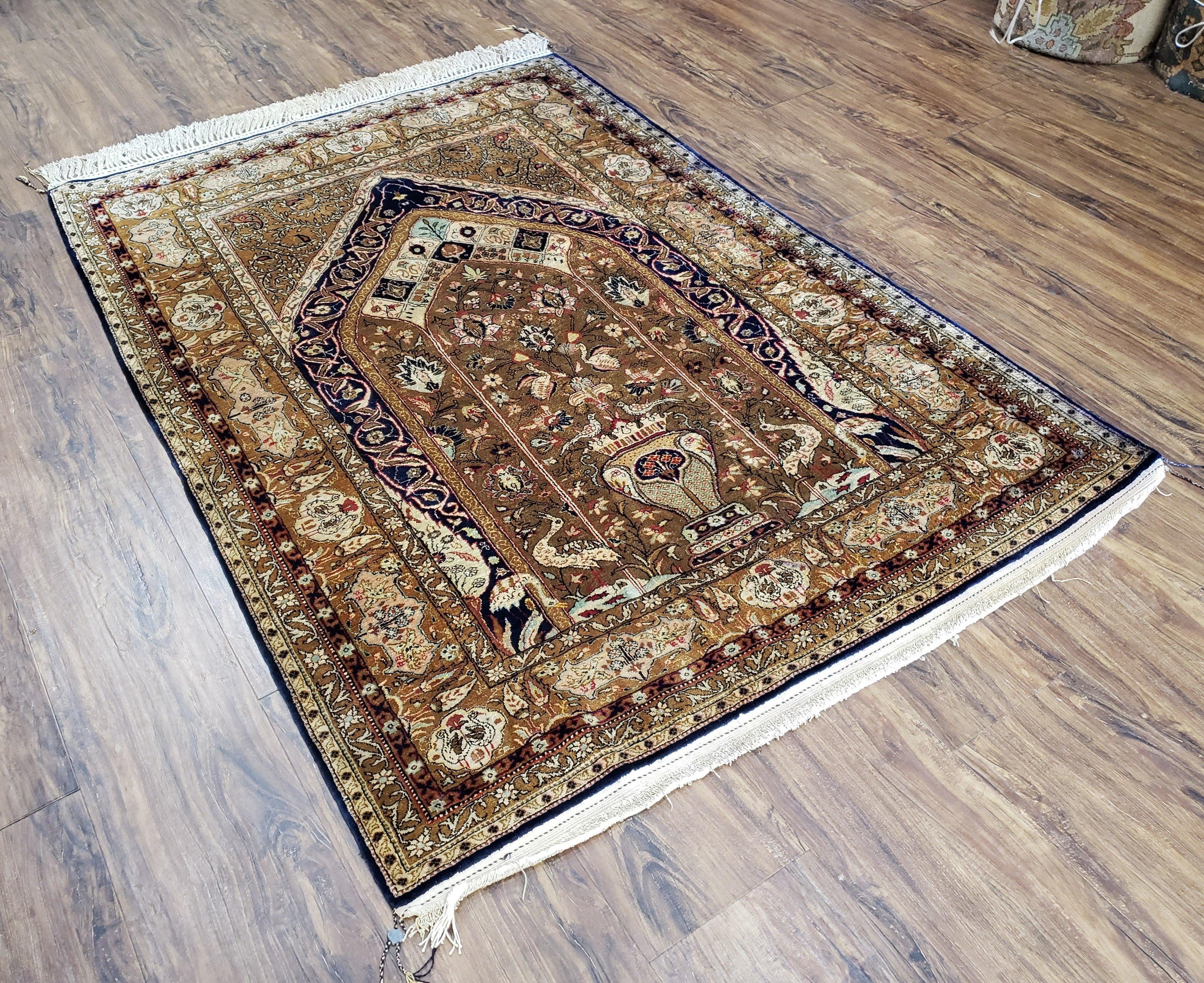 Semi Antique Persian Qum Silk Prayer Rug, Silk, Hand-Knotted, 3'6" x 5' - Jewel Rugs