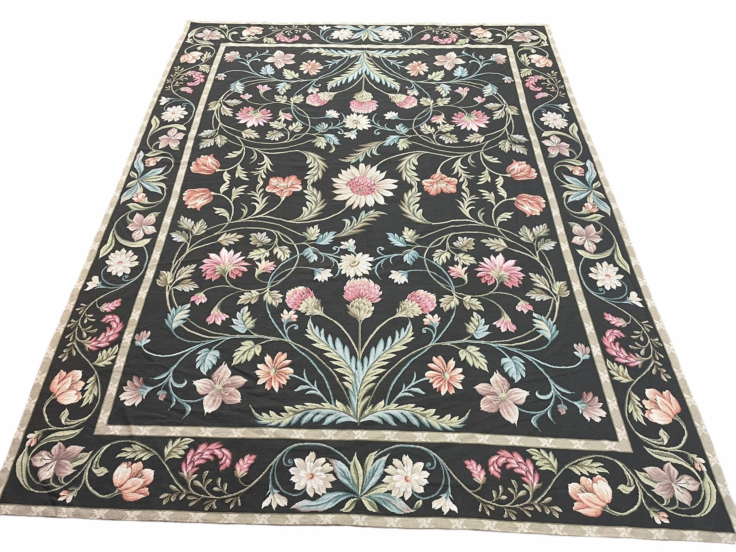 Black Aubusson Needlepoint Rug 9x12, Flatweave Carpet Floral Pattern, Flowers, European Design, Handmade Hand-Knotted Hand-Woven, Brand New - Jewel Rugs