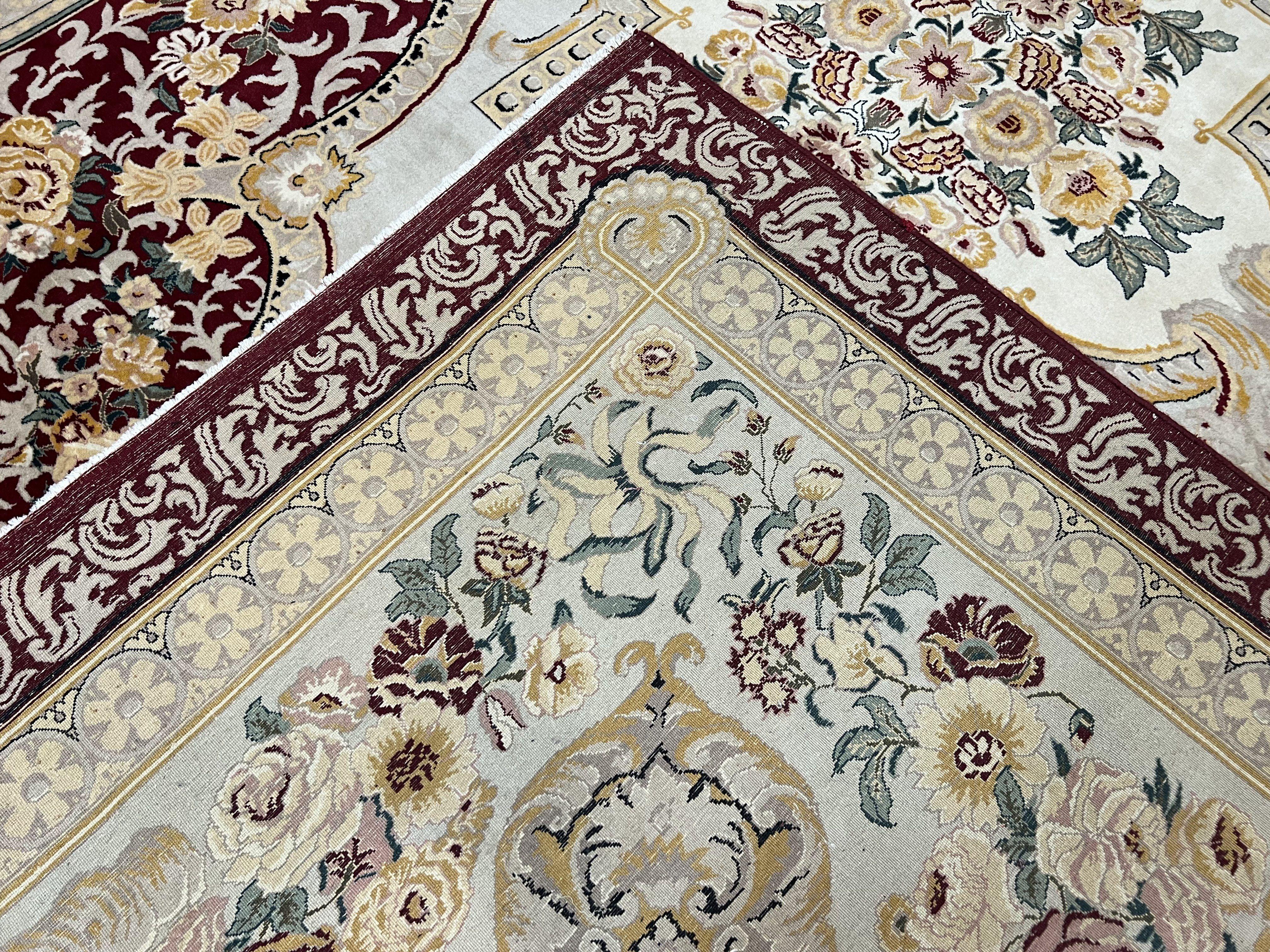 Aubusson Savonnerie Rug 9x12, Vintage French Aubusson Wool Carpet 9 x 12, Burgundy Light Blue Gold, Handmade with Pile Elegant Floral Rug - Jewel Rugs