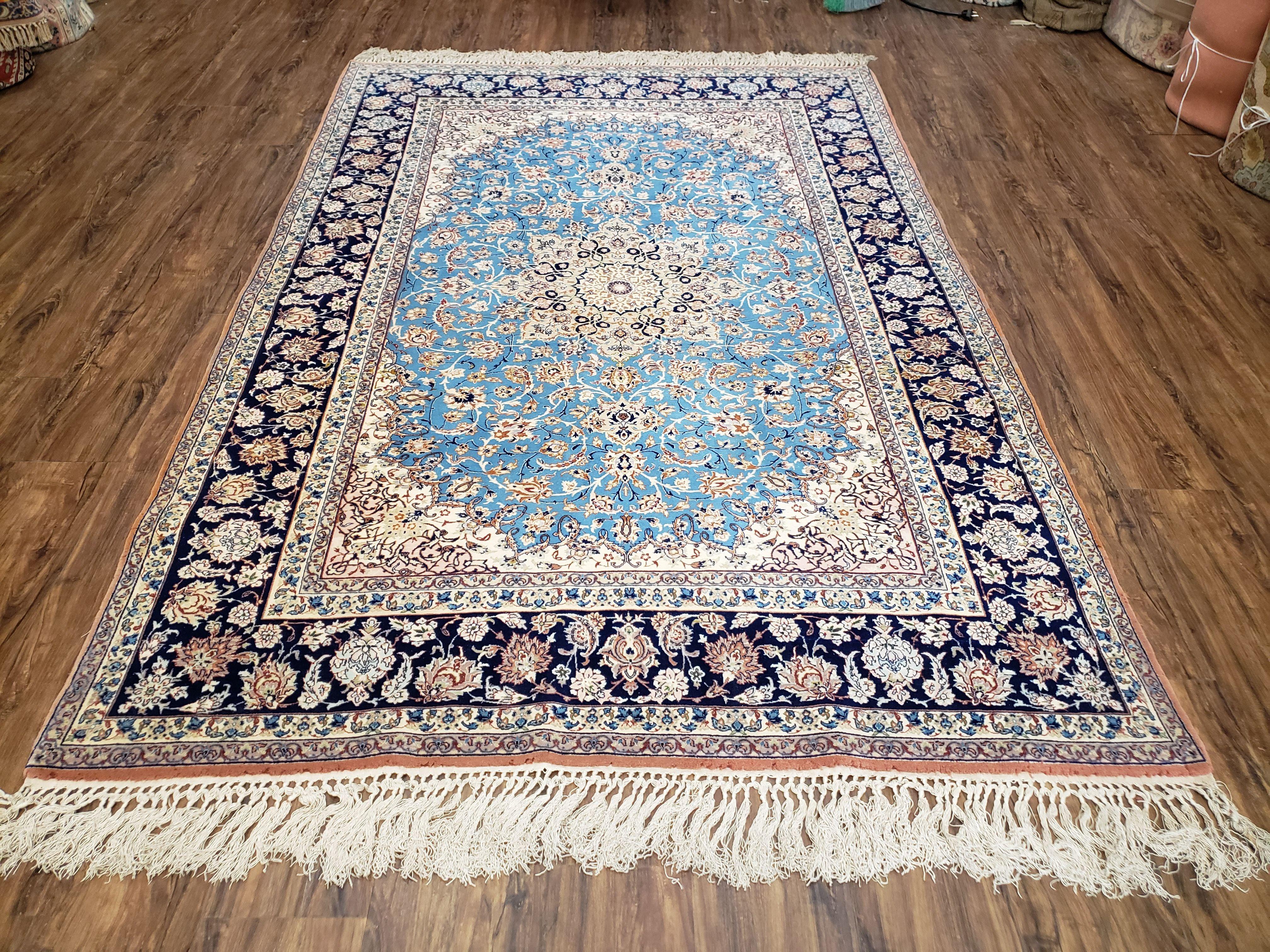 Semi Antique Persian Isfahan Rug, Kork Wool on Silk Foundation, Sky Blue, Hand-Knotted, 5' 1" x 7' 8" - Jewel Rugs