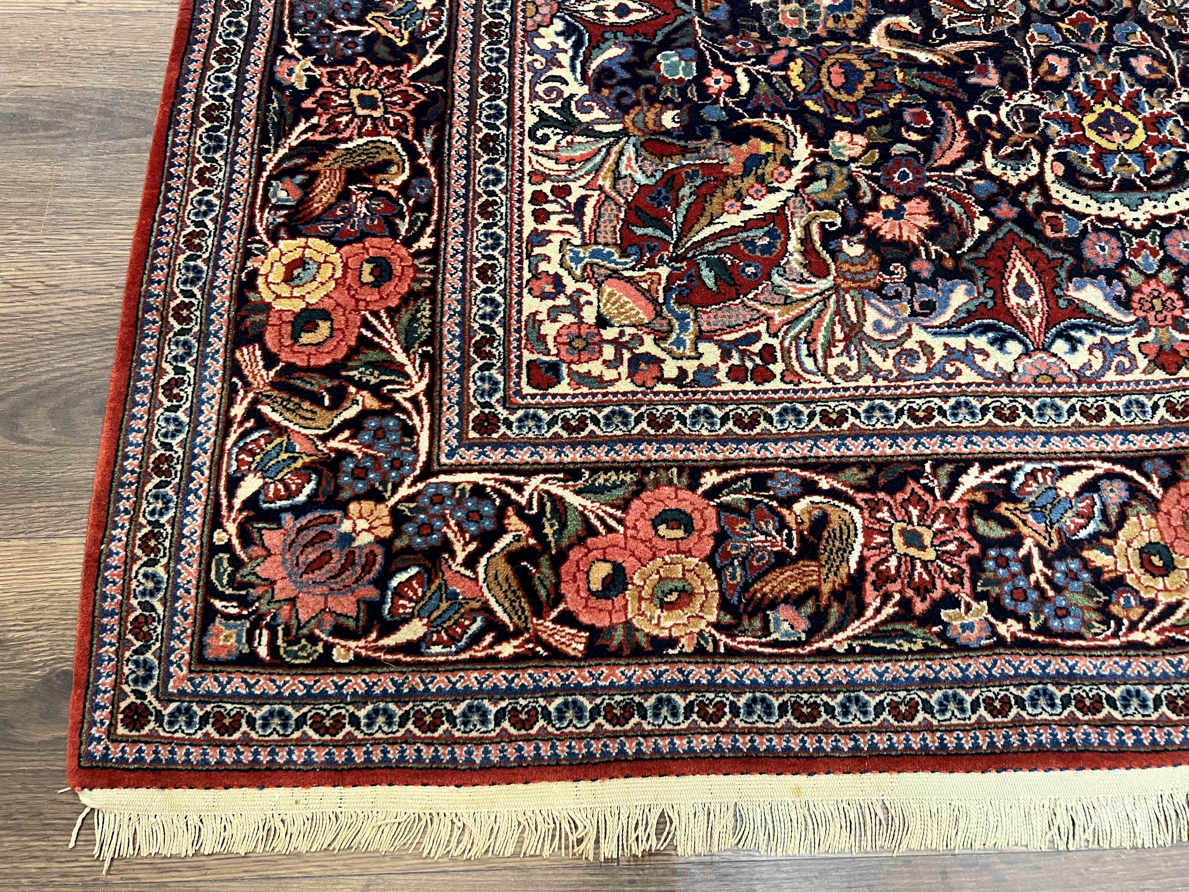 Navy Blue Persian Kashan Rug 4.4 x 6.7, Very Fine Wool Oriental Carpet, Hand-Knotted Floral Rug with Birds, Home Office Rug 4x7, Semi Antique Rug - Jewel Rugs