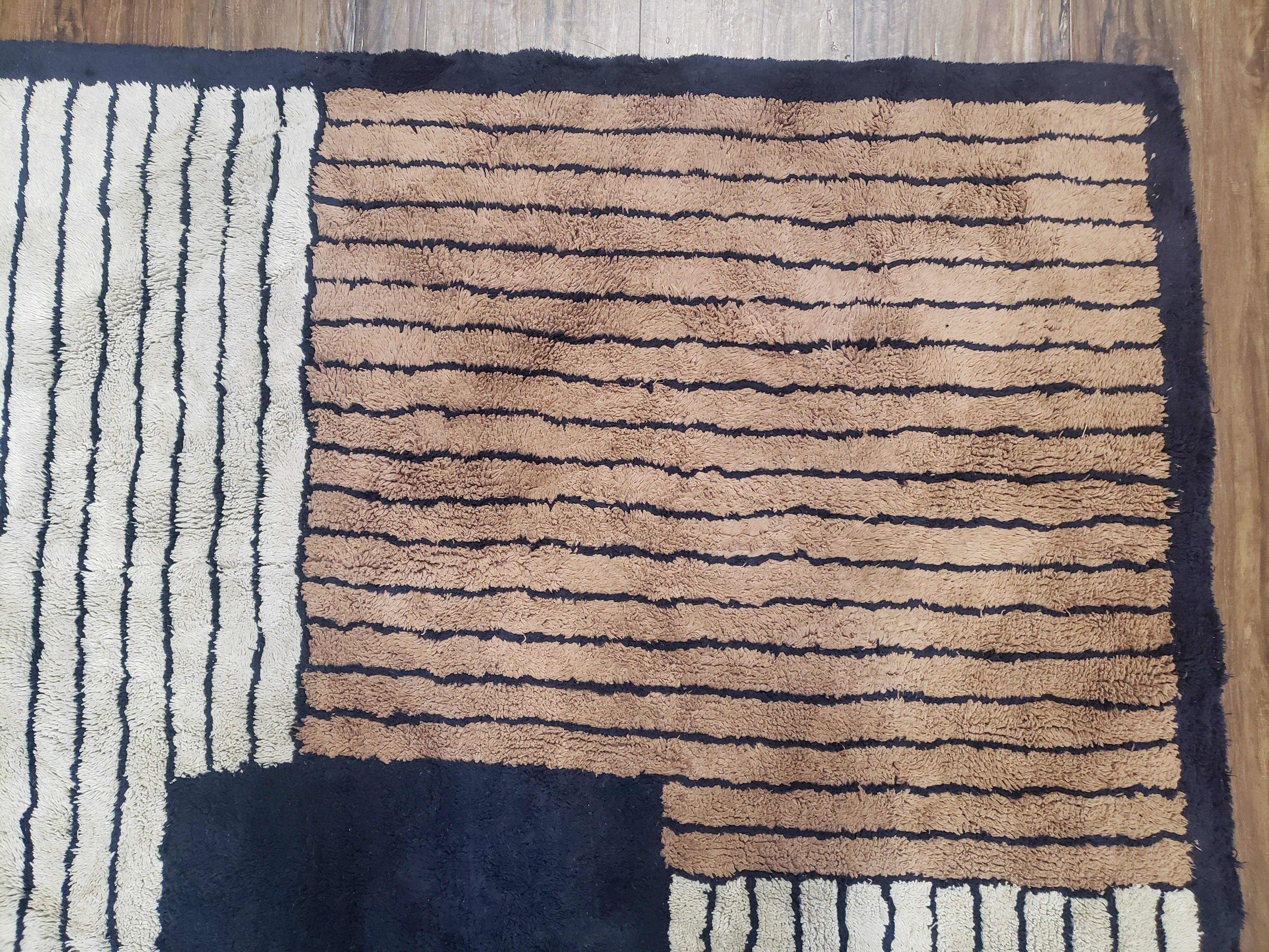 Vintage German Shag Rug 4x6, Small Geometric Abstract Design Hooked Carpet, Ivory Black & Blush Red, Foyer Room Rug Entryway Rug Bedroom Rug - Jewel Rugs