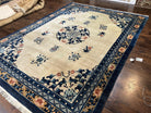 Chinese Peking Rug 9x12, Large Asian Oriental Carpet, Semi Antique Vintage Cream and Navy Blue Hand Knotted Wool Chinese Area Rug 9 x 12 ft - Jewel Rugs