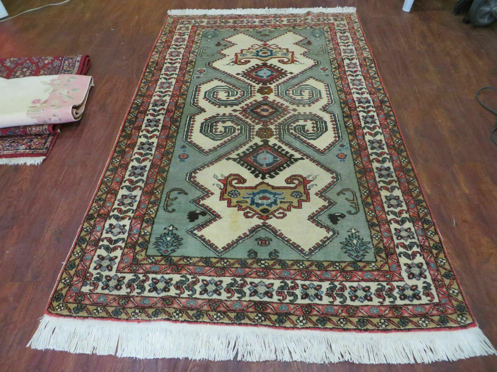 4' X 7' Vintage Handmade Knotted Rug India Caucasian Wool Soft Green Organic - Jewel Rugs