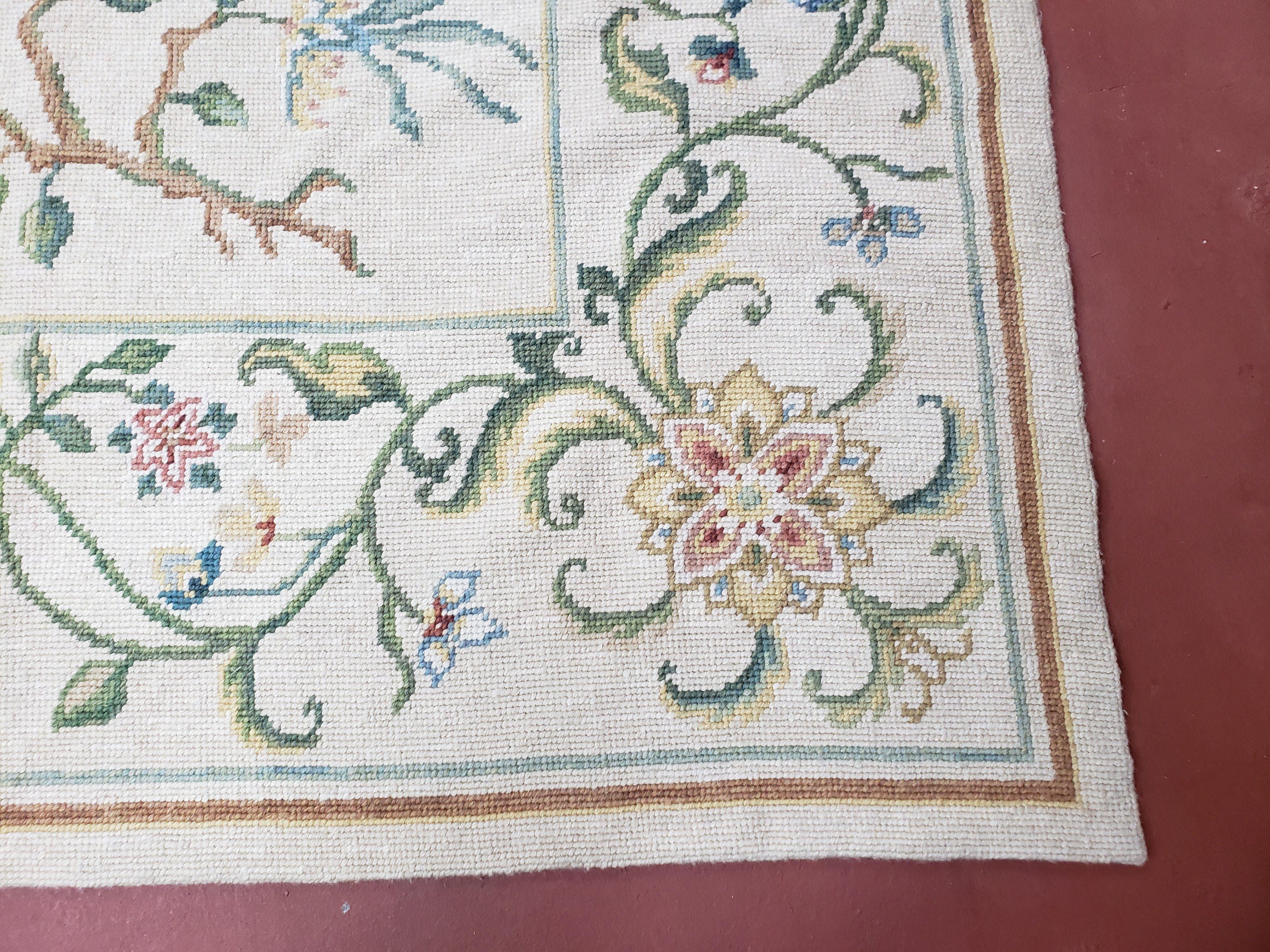 New Needlepoint Floral Carpet 9x12, Handmade Area Rug, Flatweave Carpet, Ivory Background, Blue Flowers, Wool Needlepoint Rug - Jewel Rugs