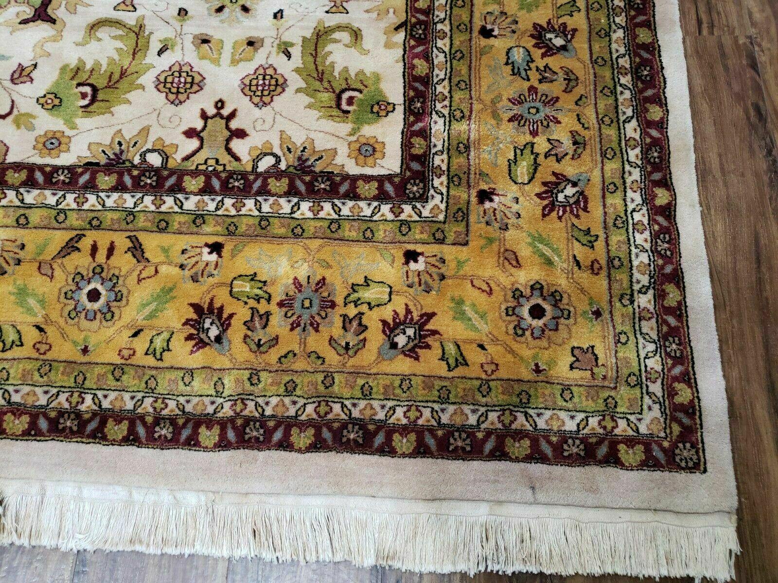 10' X 13' Vintage Hand-Knotted Made India Agra Wool Rug Vegetable Dye Ivory Gold - Jewel Rugs