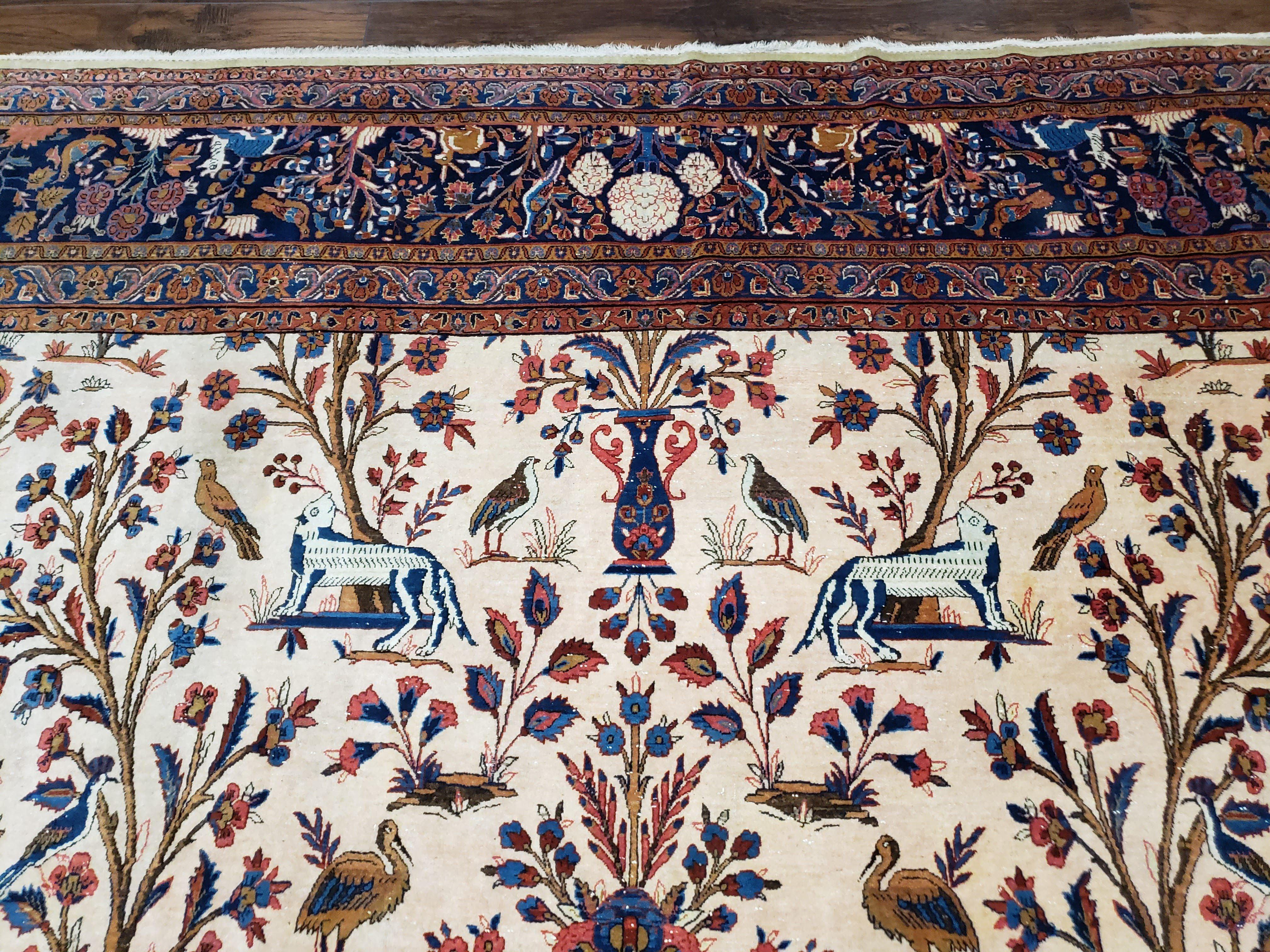 Antique 1920s Persian Kashan Room Sized Rug, Wool Hand-Knotted, Ivory Red Blue, 10' x 13' 3" - Jewel Rugs