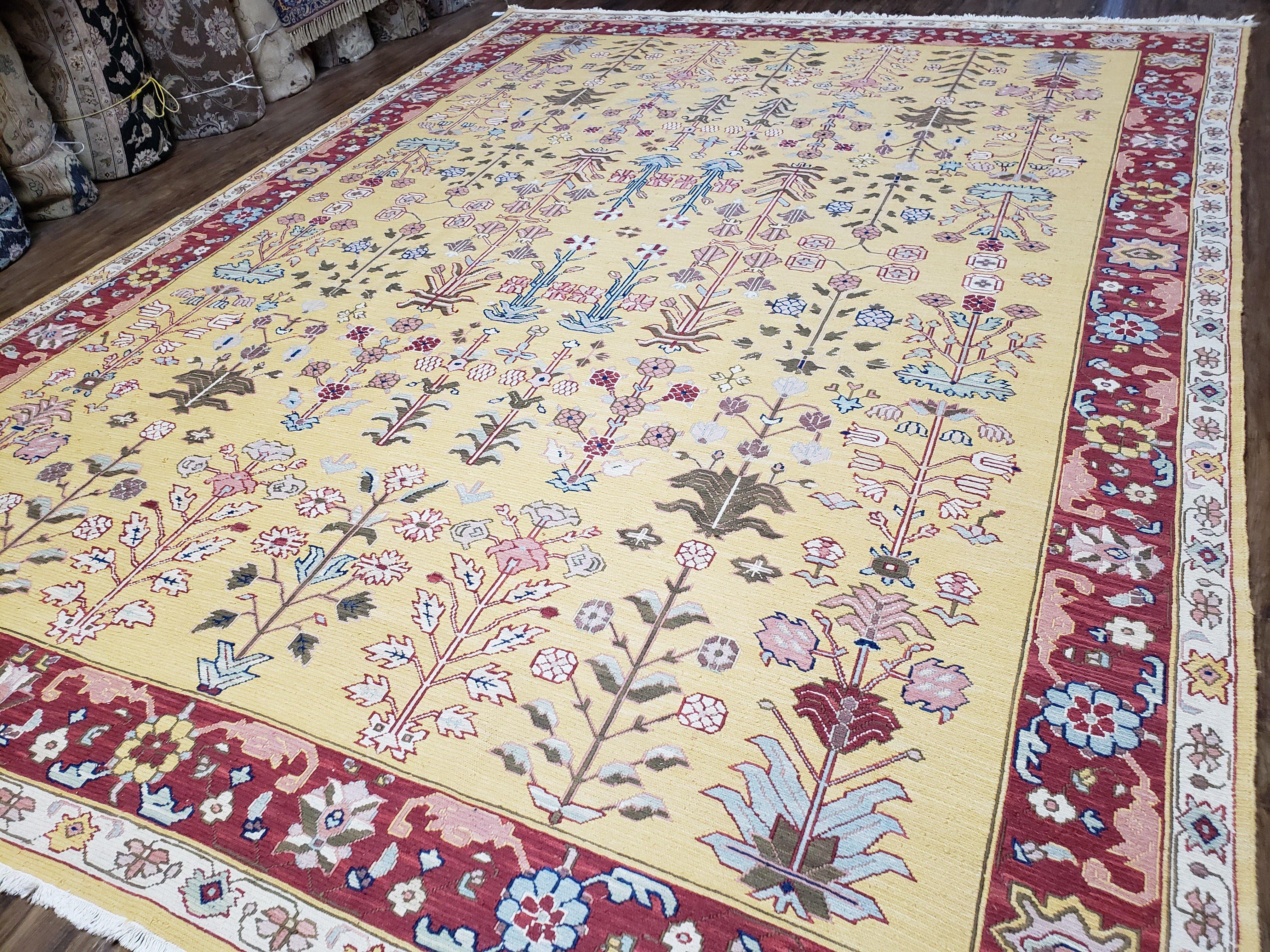 Vintage Indian Soumak Area Rug 9x12, Wool Hand-Woven Yellow Red Large Boho Carpet, Indian Bohemian Style Rug, 9 x 12 Rug - Jewel Rugs