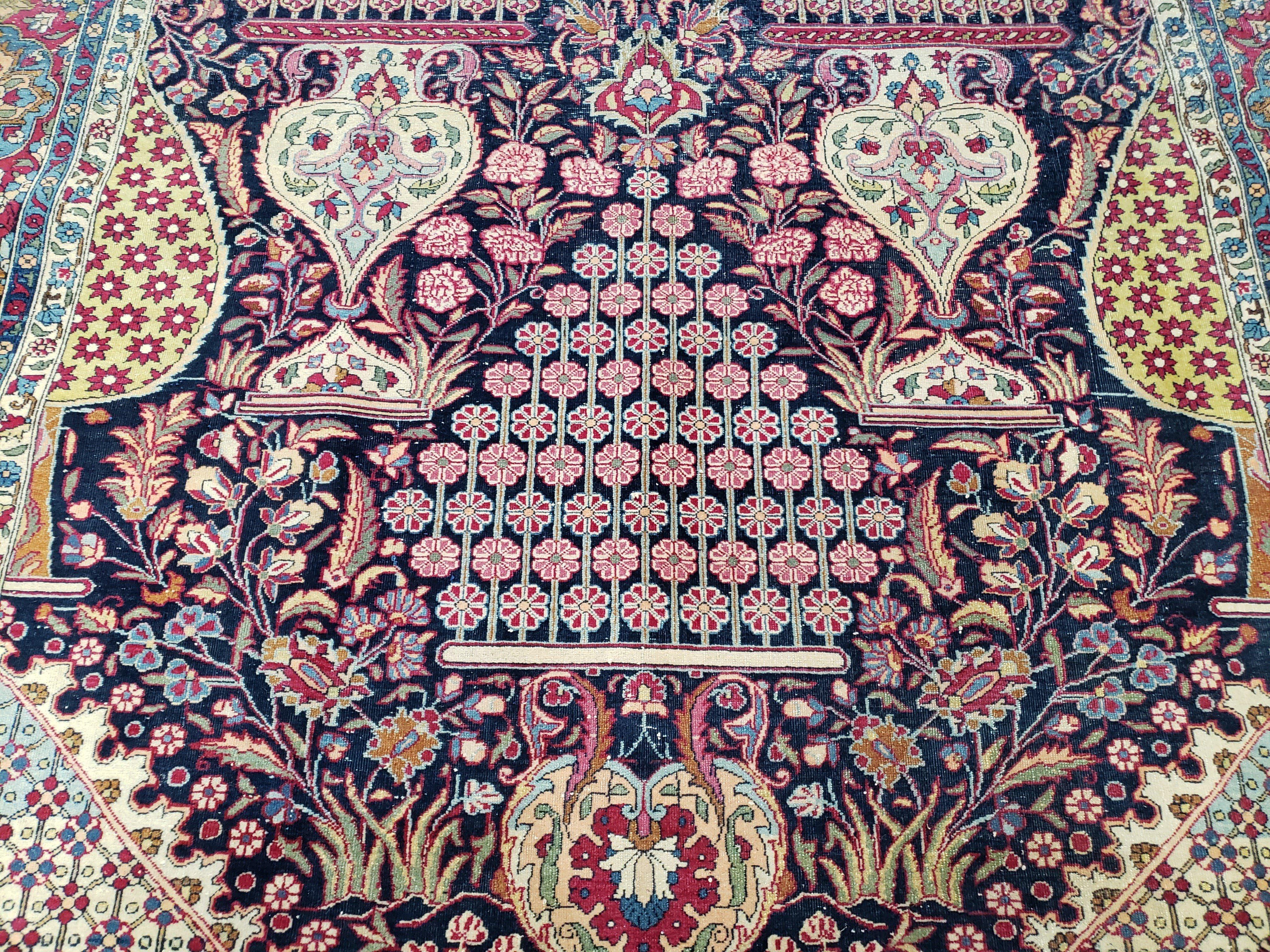 Semi Antique Persian Tehran Rug, Floral Design, Midnight Blue and Red, Hand-Knotted, Wool, 5' x 7' 9" - Jewel Rugs