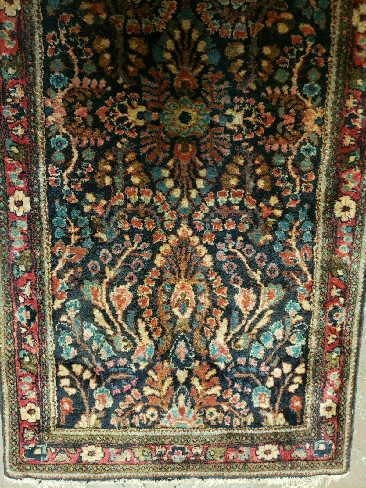 2' X 4' Antique Handmade Sarouk Floral Wool Rug Blue Organic Vegetable Dye Nice - Jewel Rugs