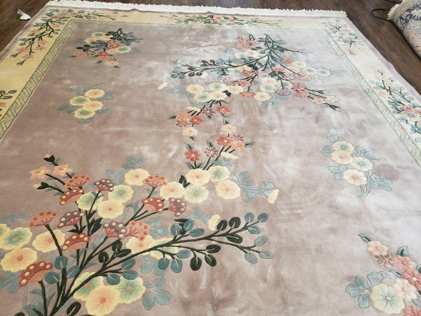 8' X 10' Vintage Handmade Chinese Art Deco 120 Lines Wool Rug Flowers Mauv - Jewel Rugs