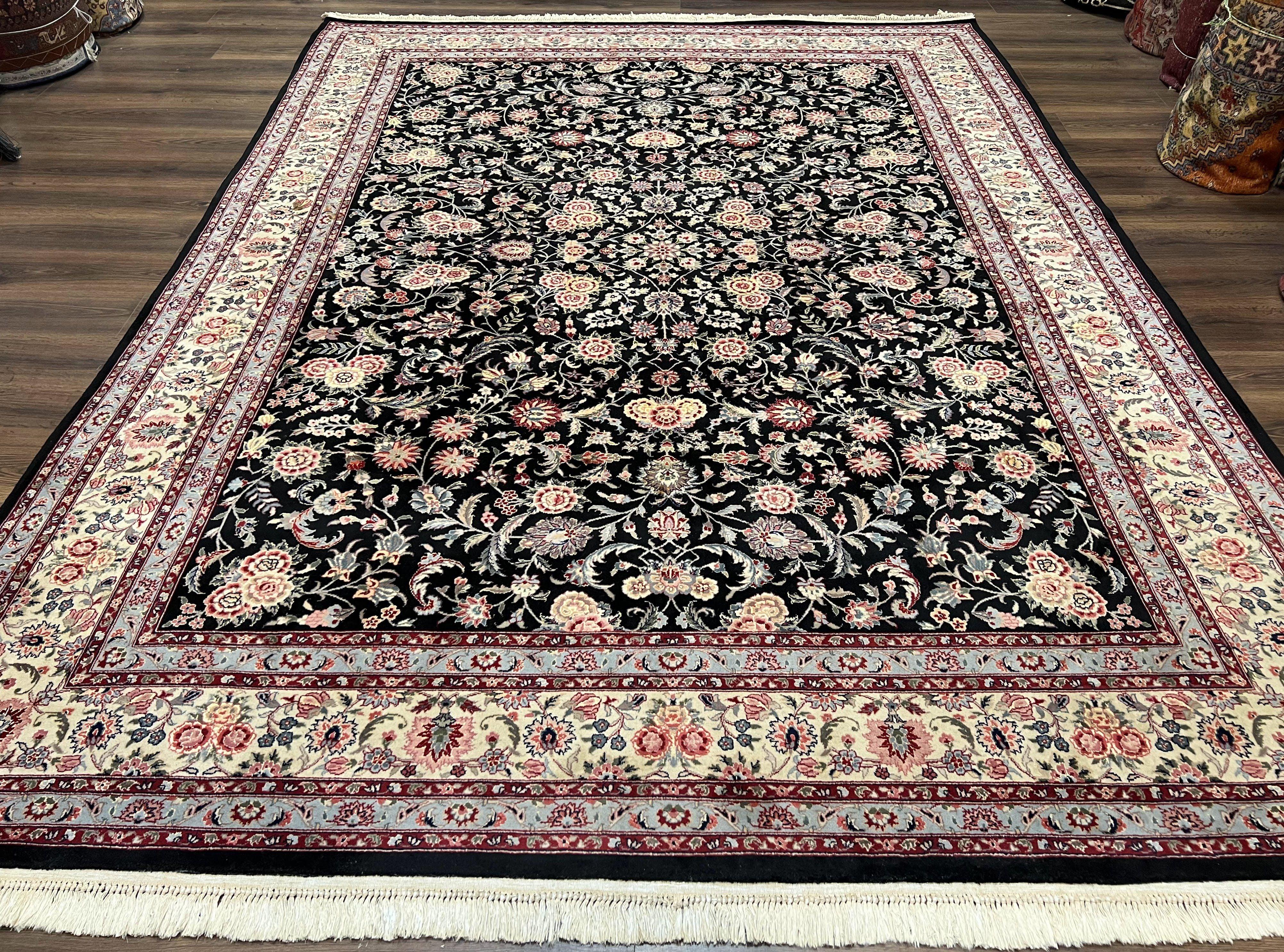 Pak Persian Rug 9x12, Floral Allover, Hand Knotted Oriental Carpet 9 x 12 ft, Black and Cream, Detailed, Wool with Silk Highlights, Vintage - Jewel Rugs