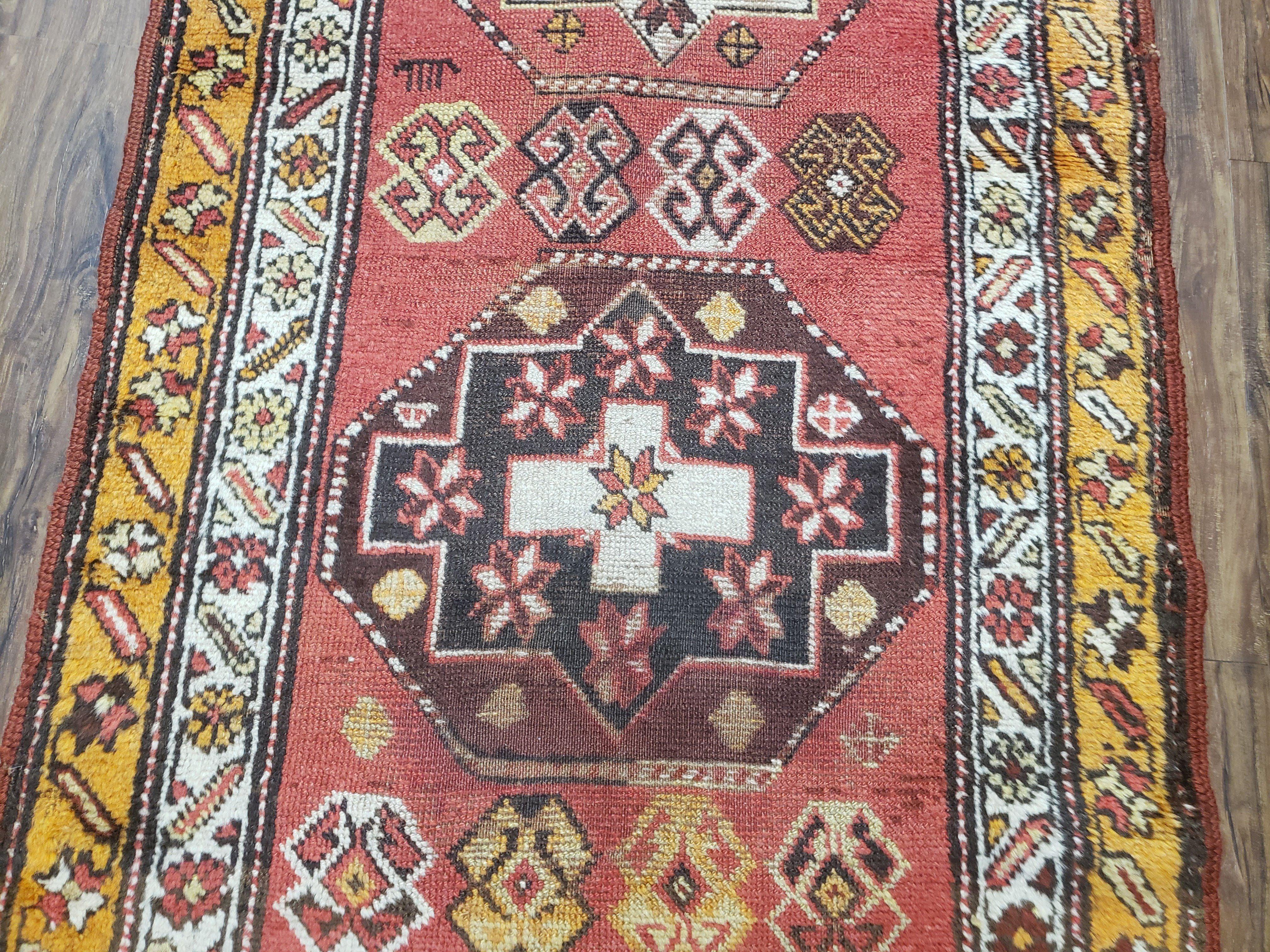 Antique Caucasian Kazak Runner Rug 10.5 ft Long, Red Orange Hand-Knotted Wool Carpet, 3x11 Oriental Runner, Shabby Chic, Boho Rug - Jewel Rugs