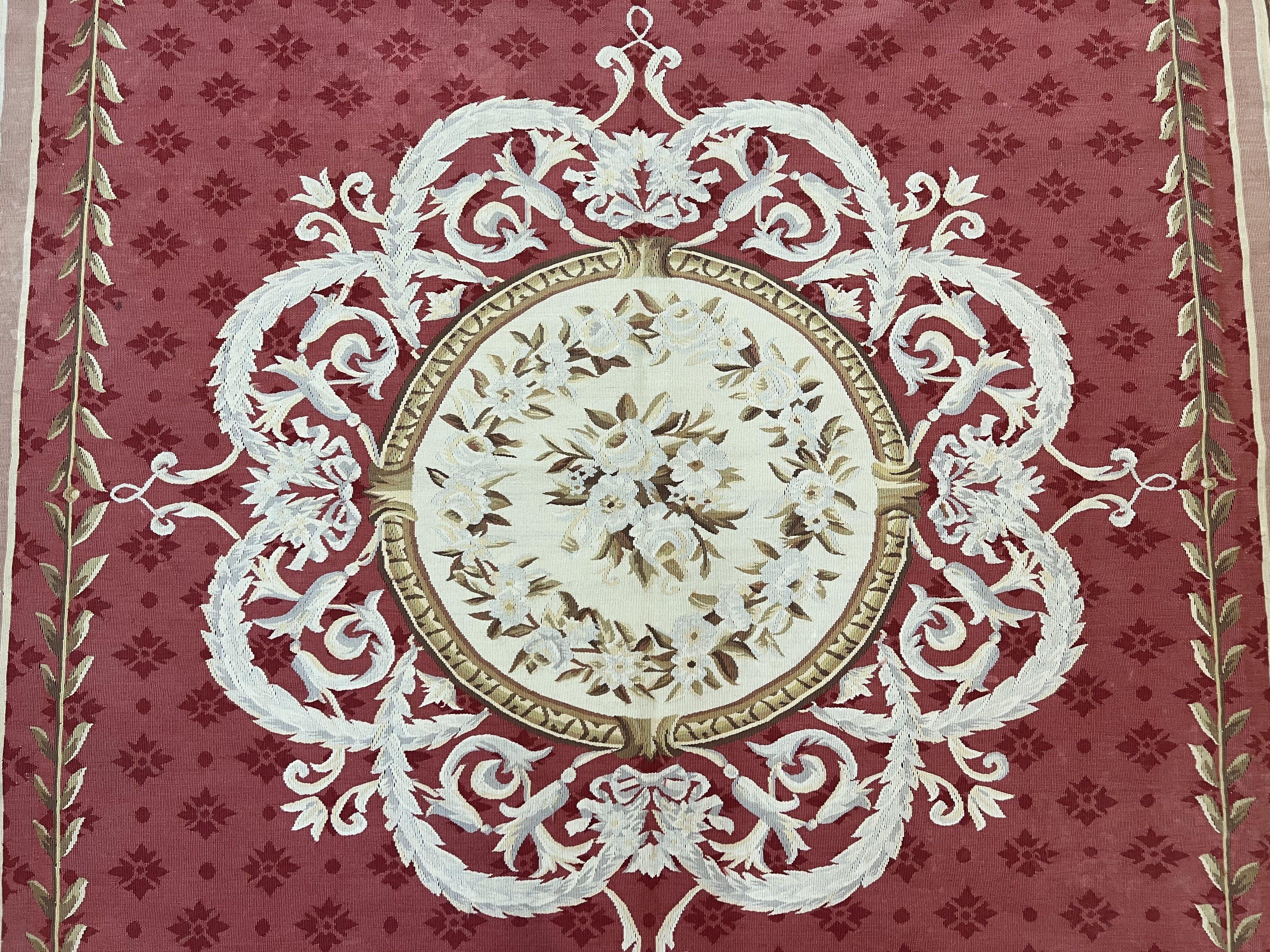 Aubusson Rug 9x12 ft, Red and Ivory Elegant Aubusson Carpet, Flatweave, Vintage Wool Handmade Area Rug 9 x 12, French European Design - Jewel Rugs