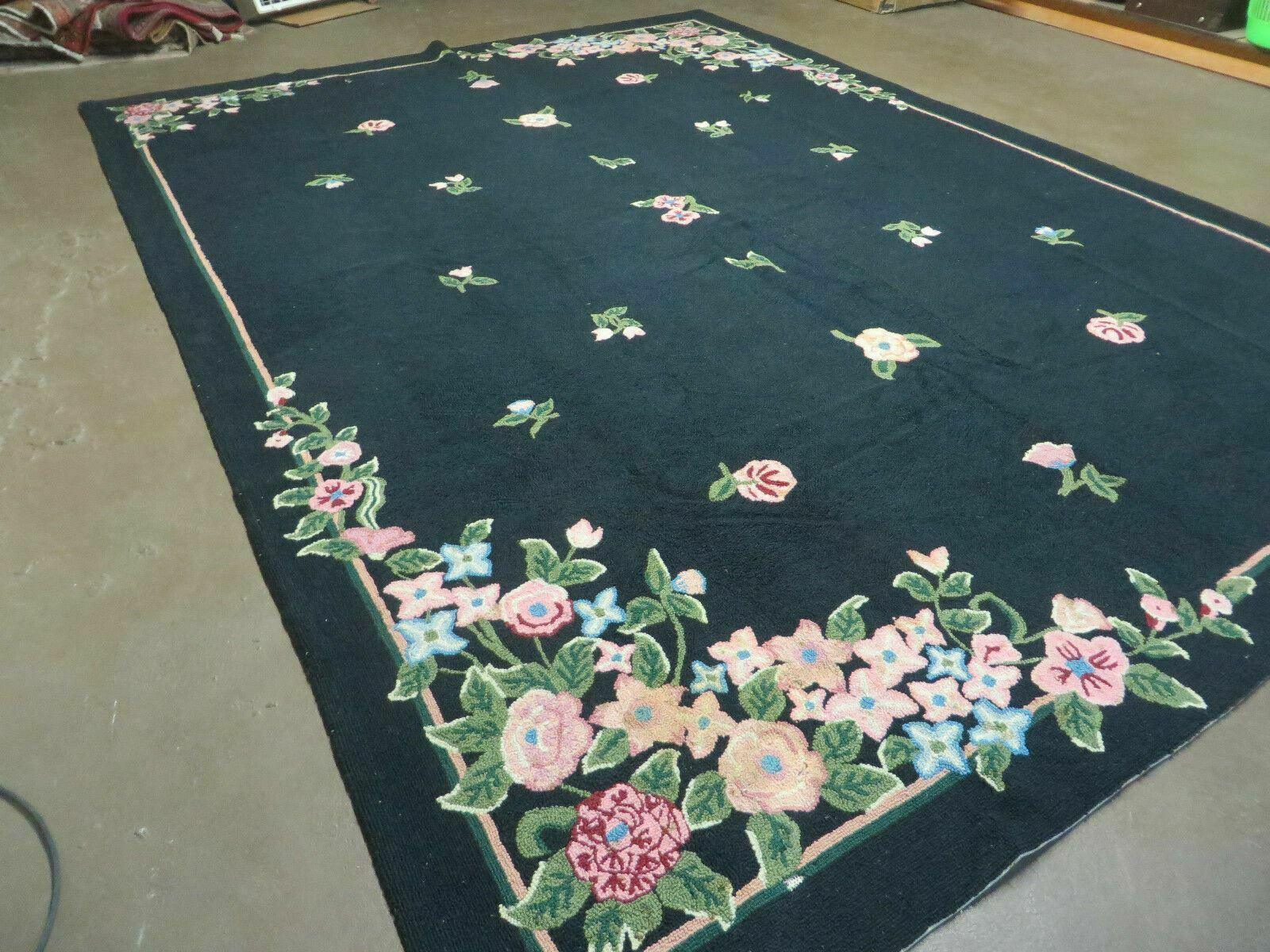 8' X 11' Handmade Chinese Hooked Rug Wool Rug Flowers Black Nice - Jewel Rugs