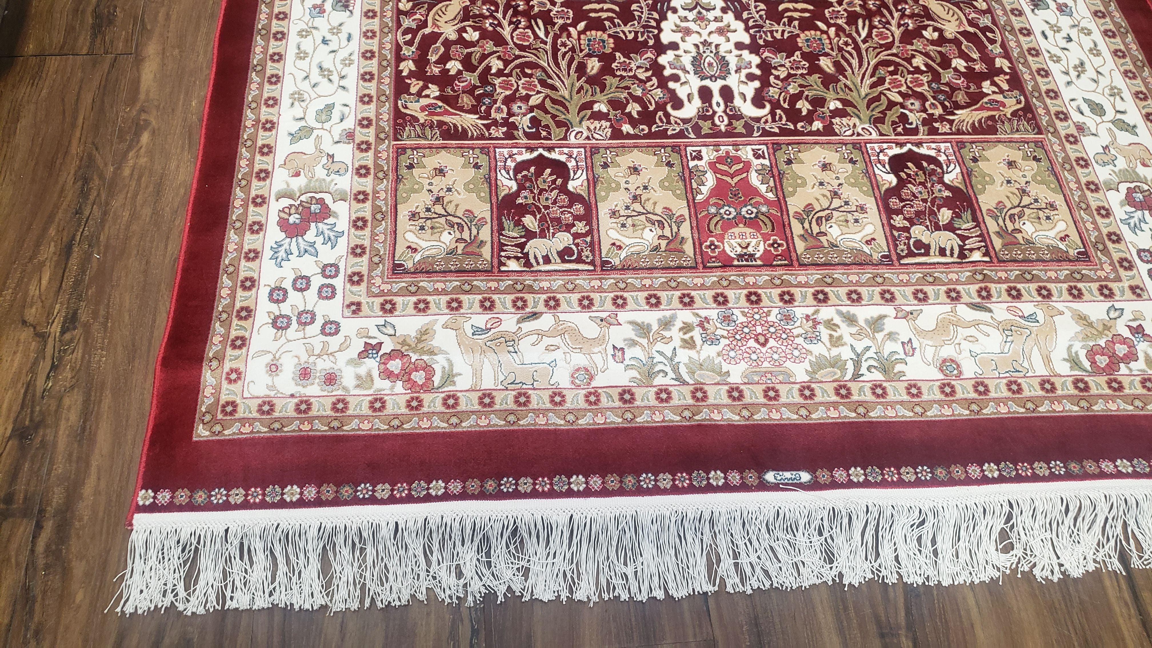 Silk Carpet 4x6 Dark Red & Cream, Tree of Life Rug, Animal Motifs, Birds Deer Rabbits, All Bamboo Silk, 4 x 6 Silk Area Rug - Jewel Rugs