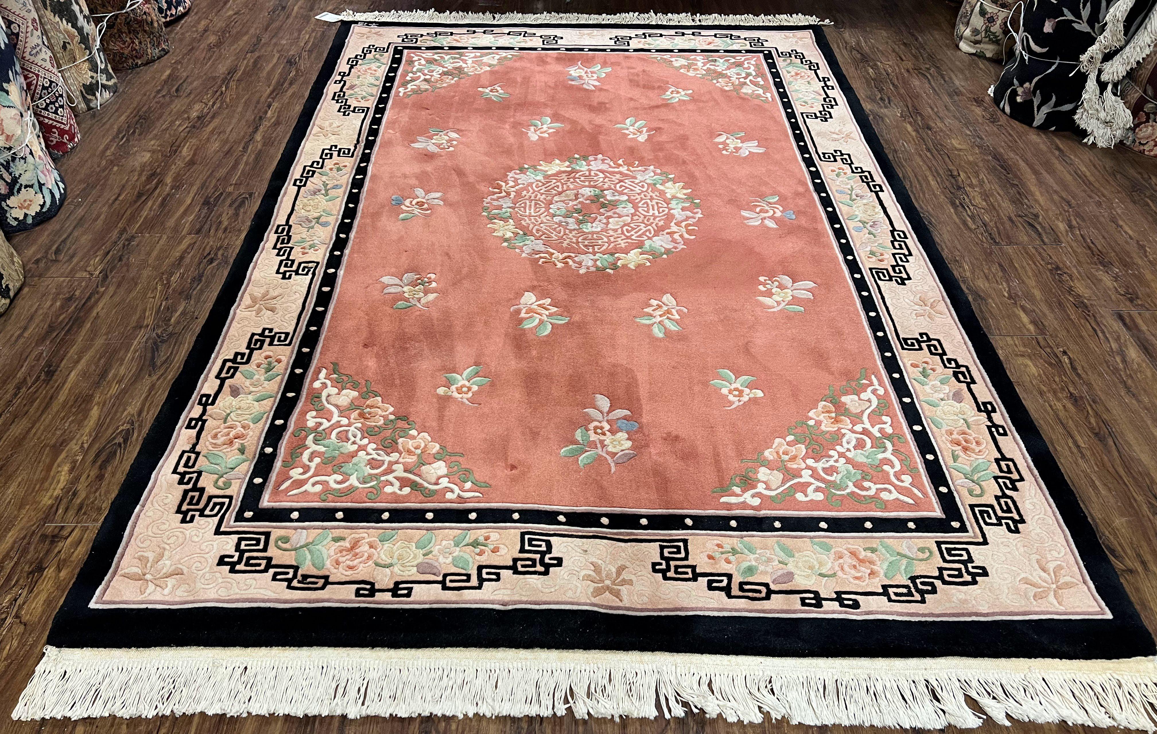 Chinese Rug 6x9 Art Deco Carpet 6 x 9 Wool Rug 6 by 9 Vintage Rug, Salmon Black Cream Soft Traditional Asian Oriental Rug Medallion Handmade - Jewel Rugs