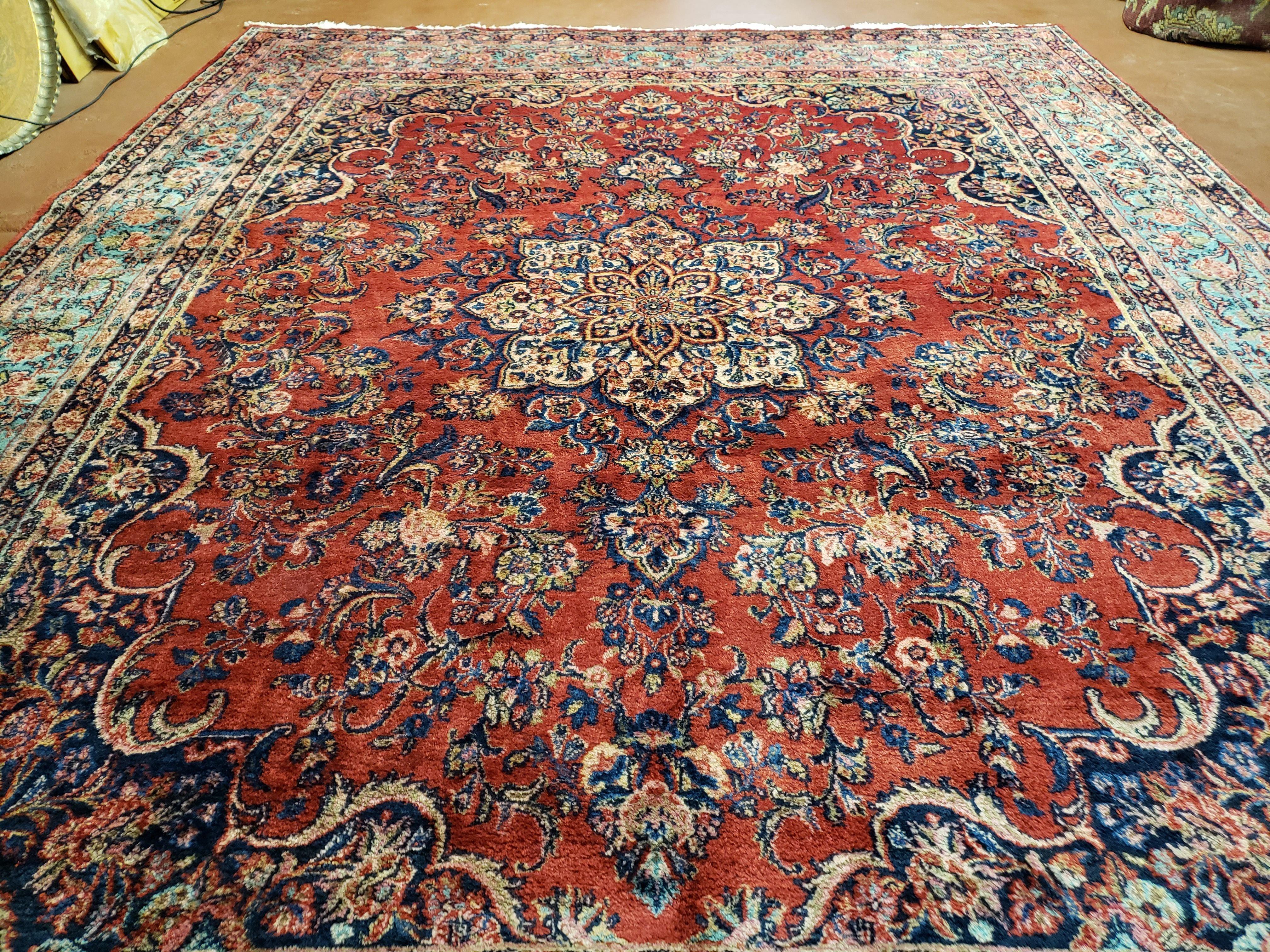 9x11 Antique Red & Sky Blue Turkish Rug Hand-Knotted Vintage Persian Carpet Wool High Quality Authentic Oriental Rug - Jewel Rugs