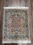 Silk Turkish Hereke Rug 2.8 x 3.2, Small Square Oriental Carpet 3x3, Prayer Arch Birds Animals Vase, Top Quality Very Fine, Salmon Navy Blue - Jewel Rugs