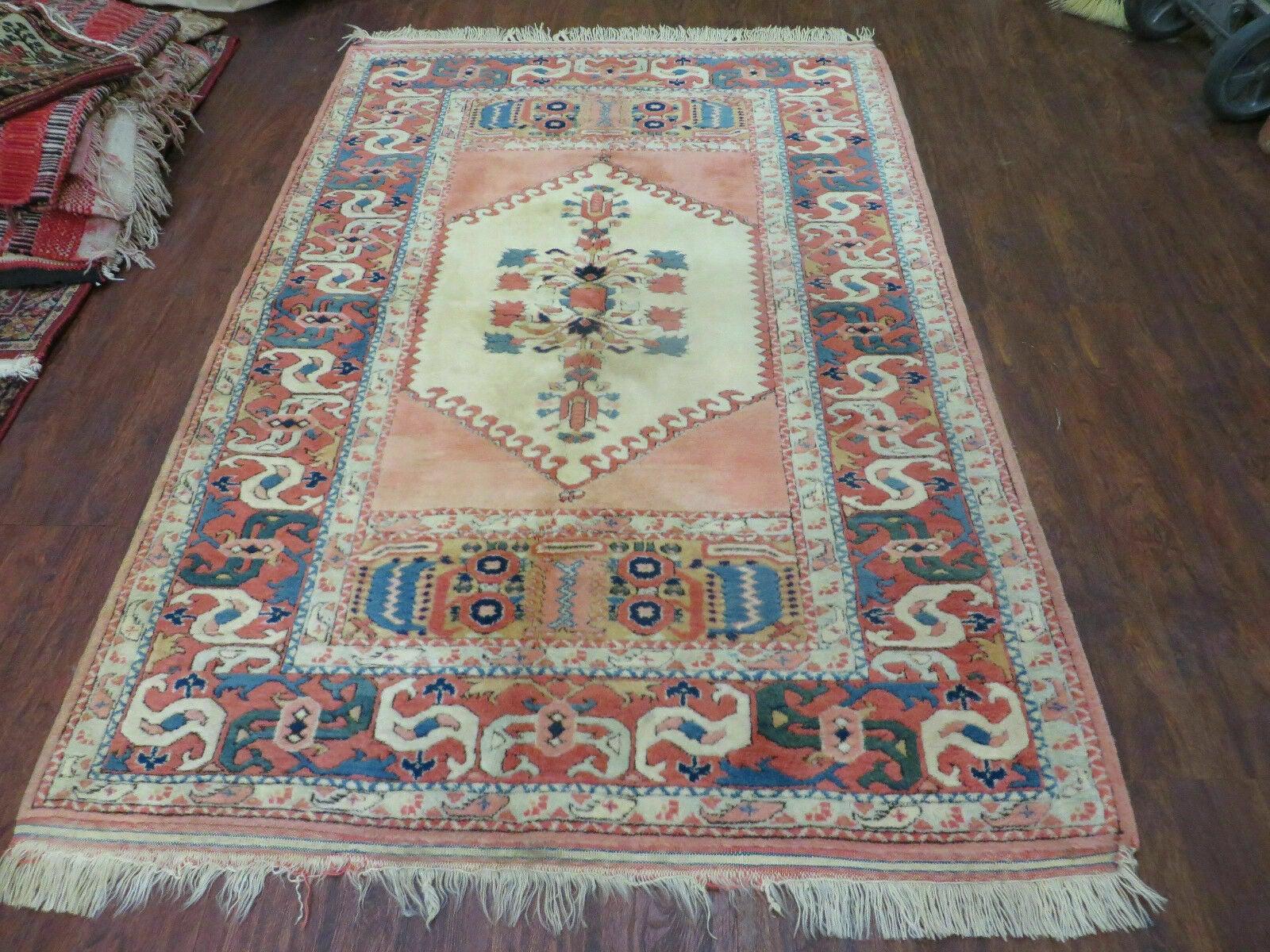 4.5' X 7.5' Vintage Handmade Turkish Wool Rug Heriz Carpet Pink Peach Red Ivory Bohemian Boho Chic Interior Design - Jewel Rugs