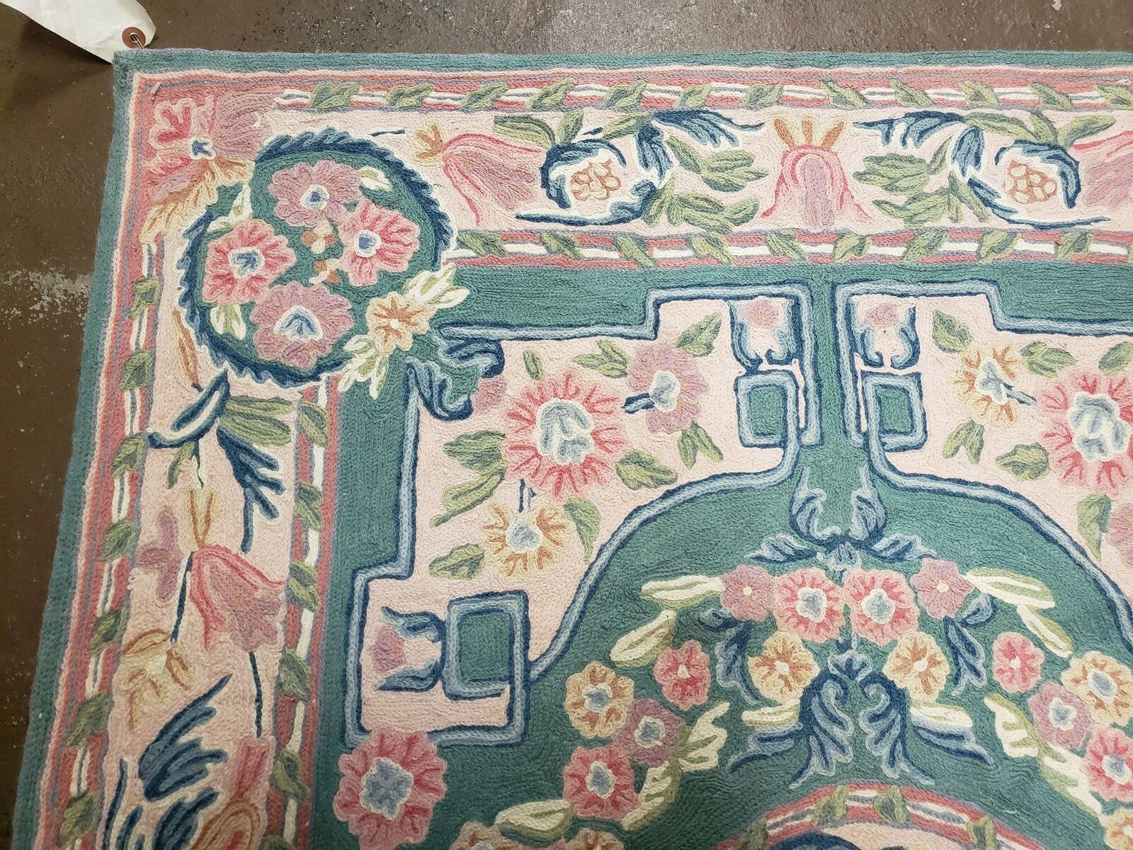 3' X 5' Hand Stitched Indian Wool Rug with Backing Green & Pink - Jewel Rugs