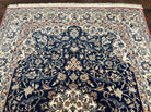 Super Fine Persian Nain Carpet 3.6 x 5.4, Traditional Persian Rug, Center Medallion with Floral Allover Design Dark Blue and Ivory/Cream Detailed 4-La, Wool with Silk Accents - Jewel Rugs