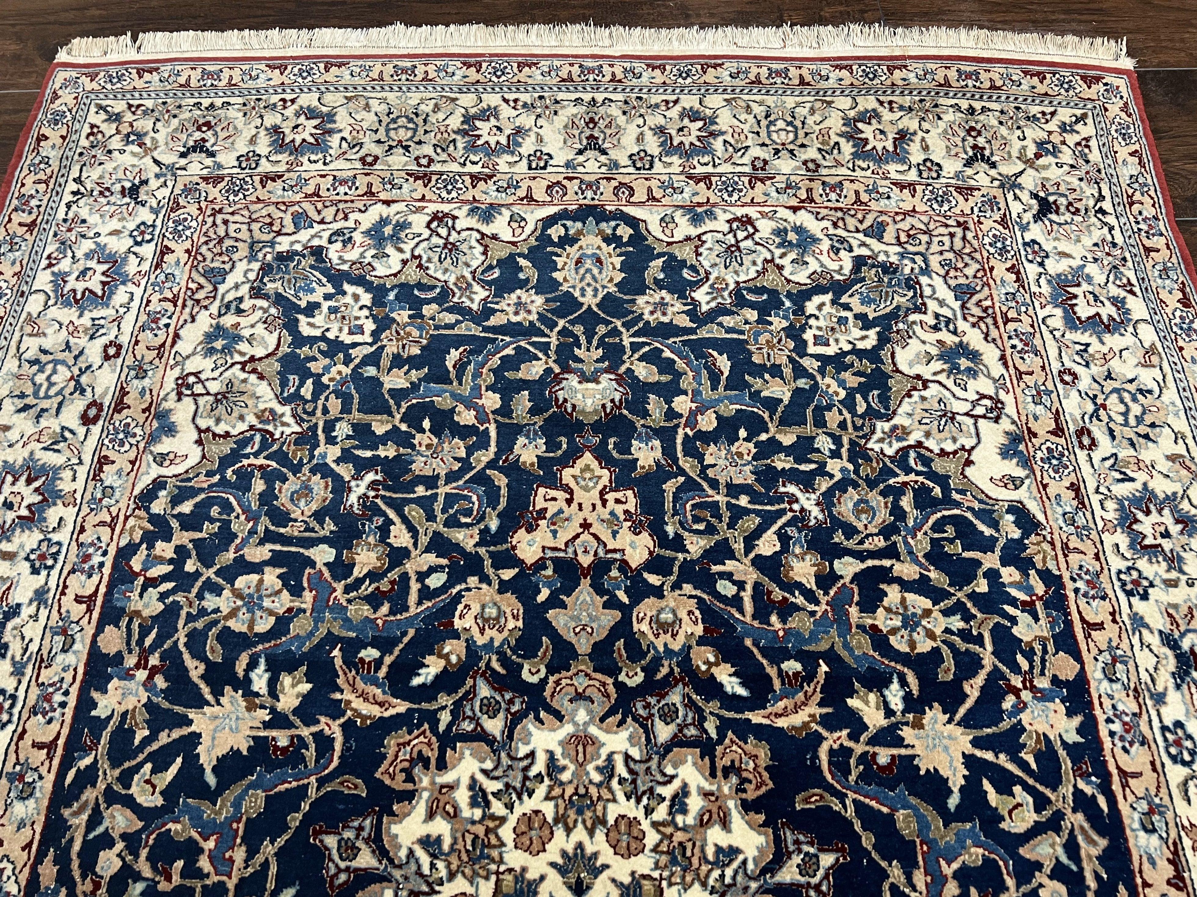 Super Fine Persian Nain Carpet 3.6 x 5.4, Traditional Persian Rug, Center Medallion with Floral Allover Design Dark Blue and Ivory/Cream Detailed 4-La, Wool with Silk Accents - Jewel Rugs