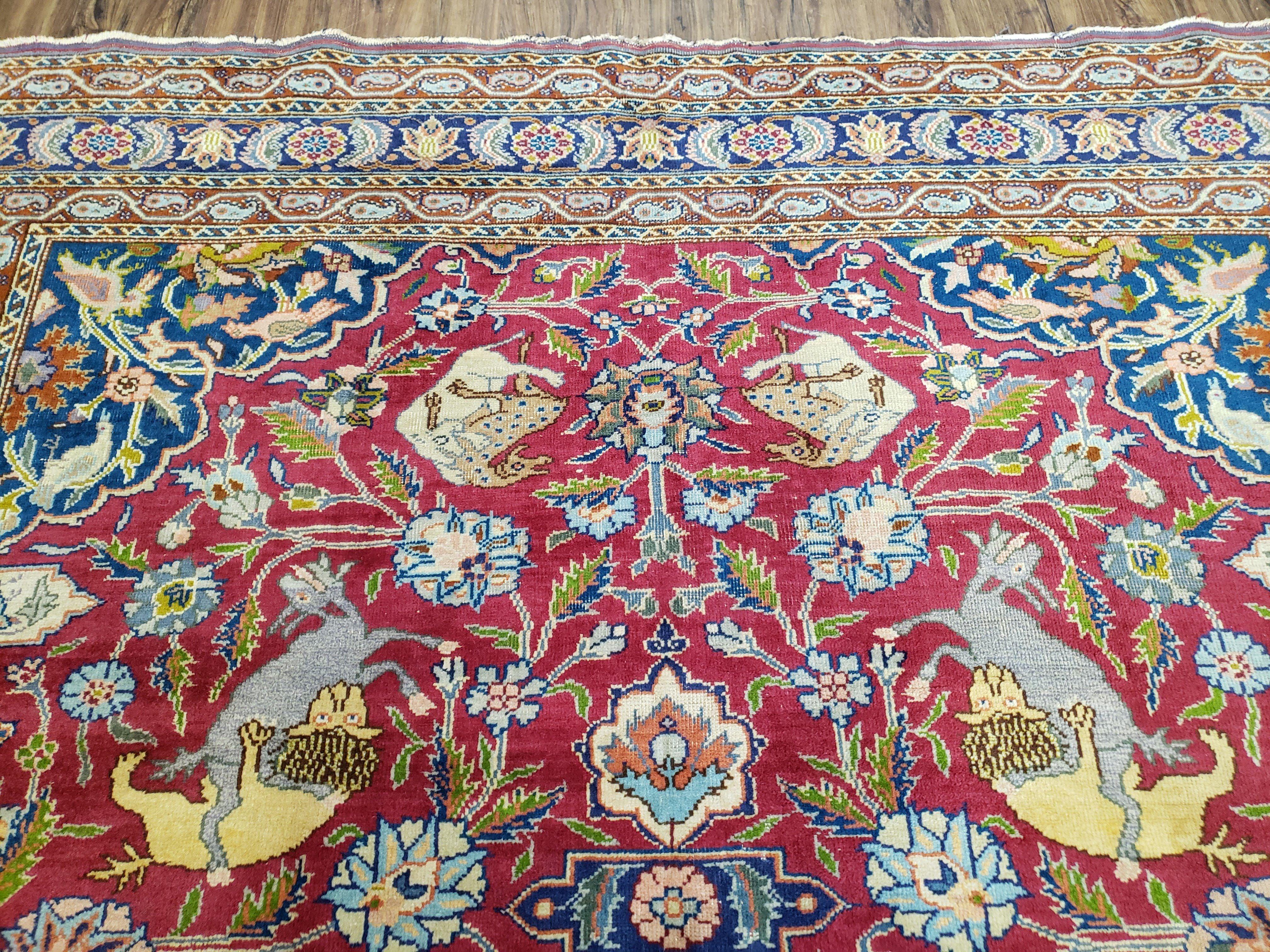 Antique Turkish Sivas Area Rug 8x11, Hand-Knotted, Vintage Red Wool Carpet, Gazelles Lions, Boteh Border, 8' x 11' Top Quality Oriental Rug - Jewel Rugs