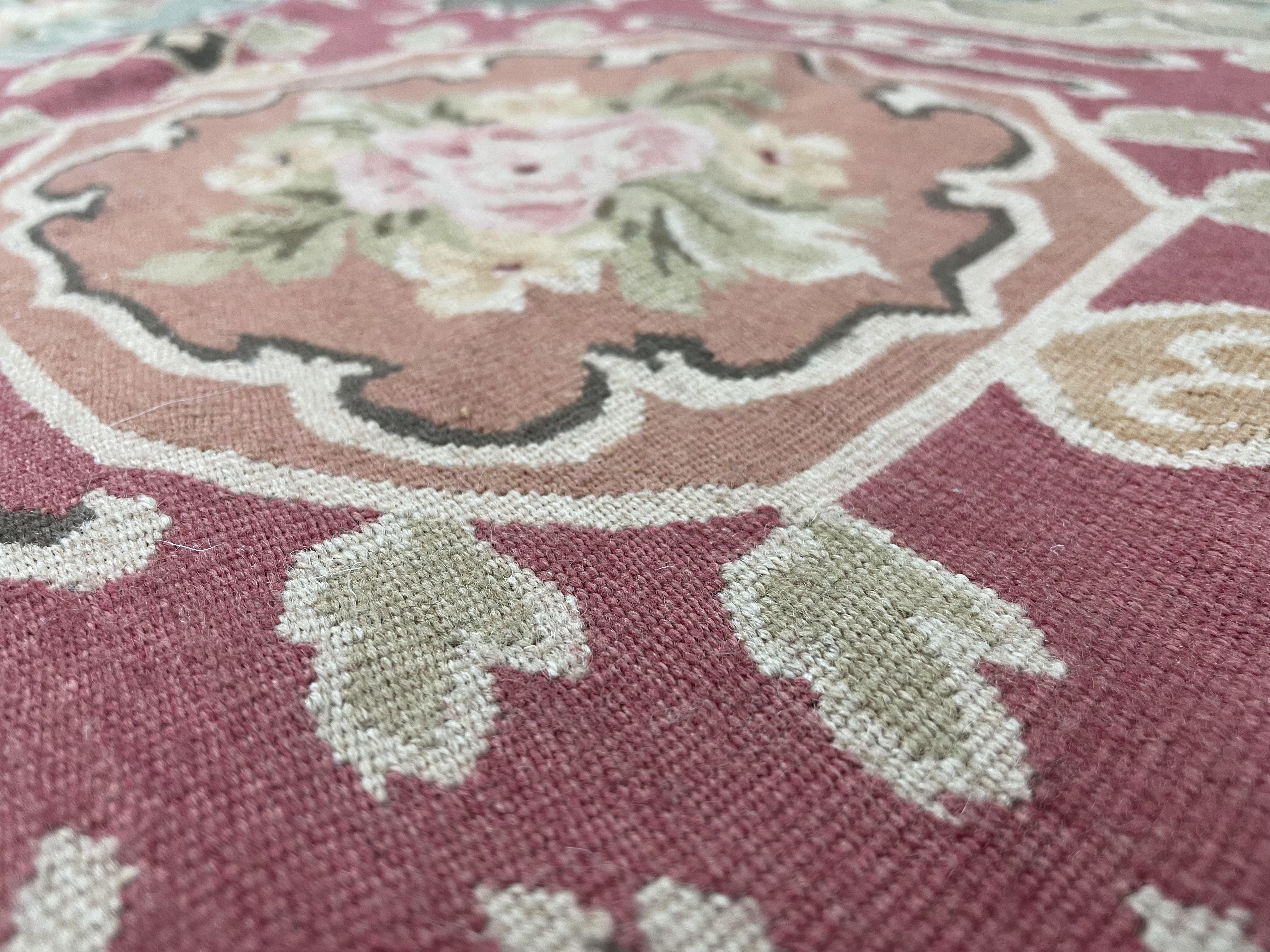 9x9 Square Rug Hand Knotted, Needlepoint Aubusson Carpet, Blush Red, Beige, Green, New, Mint Condition Area Rug, English European Design - Jewel Rugs