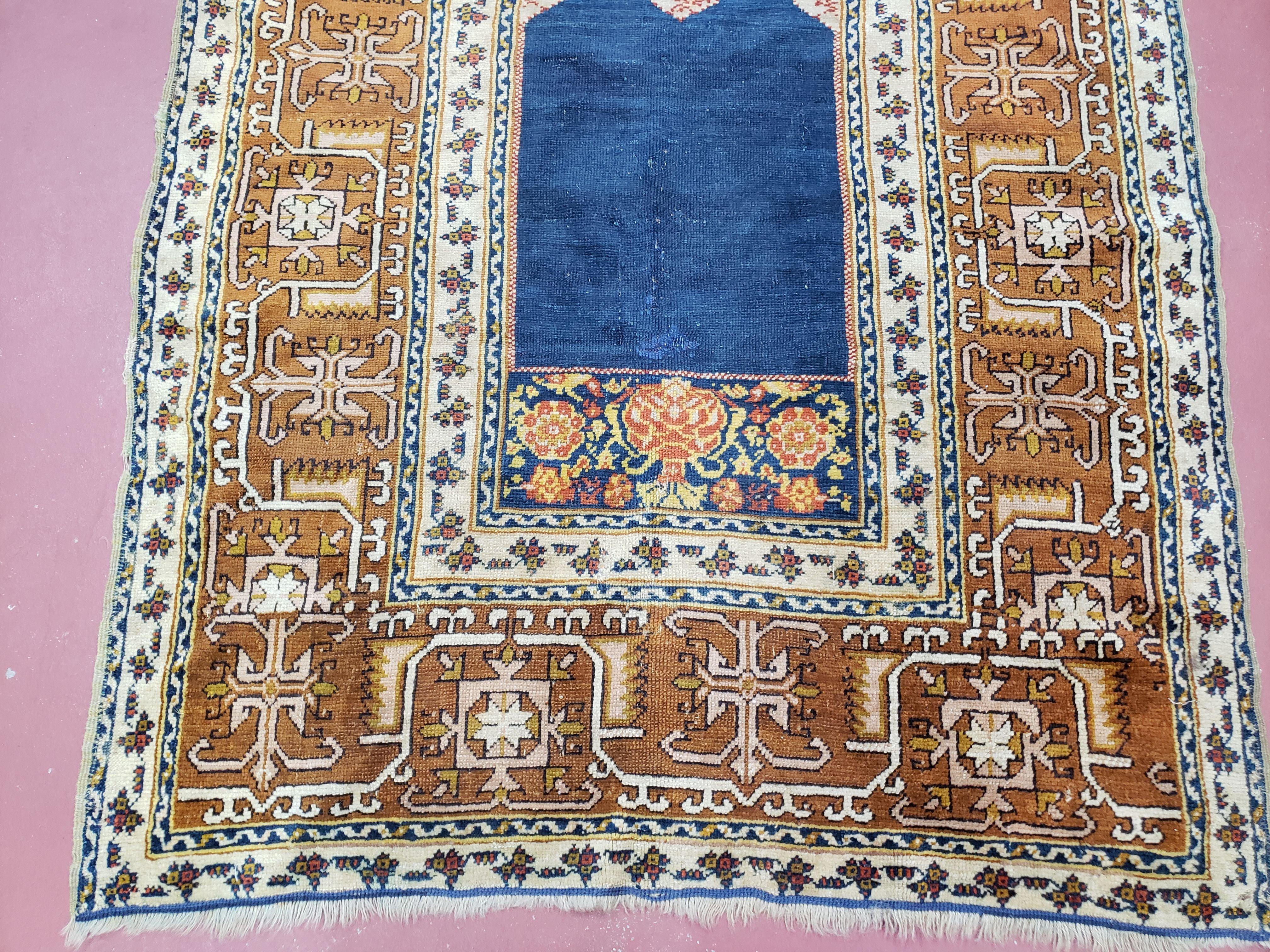 Antique Turkish Anatolian Ghiordes Prayer Rug, Twin Mihrabs, Rare Collectible Oriental Rug, Early 20th Century Prayer Rug, 3'9" x 5'2" - Jewel Rugs