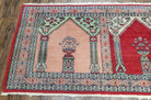 Vintage Turkish Triple Mehrab Area Rug 2.7 x 6.6, Wool Hand-Knotted Horizontal Carpet, Fine Weave, Red Peach Ivory, Nice - Jewel Rugs