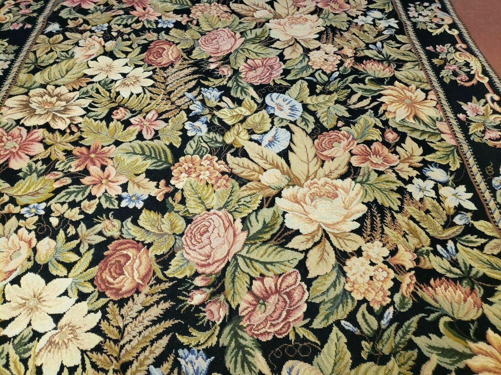 6' X 9' Vintage Handmade English Design Needlepoint Wool Rug Flat Weave Nice - Jewel Rugs