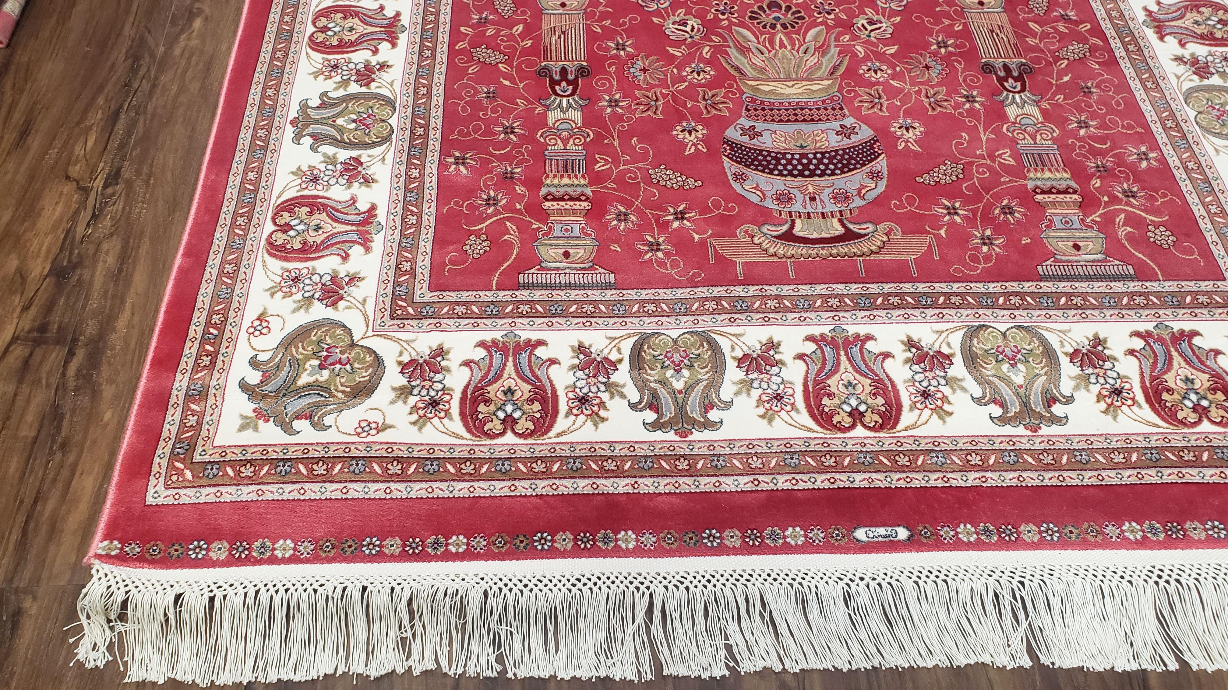 4 x 6 Silk Carpet Red, Traditional Oriental Rug 4x6, Flower Vase Columns, Turkish Rug New, High Quality, Bamboo Silk, Area Rug - Jewel Rugs