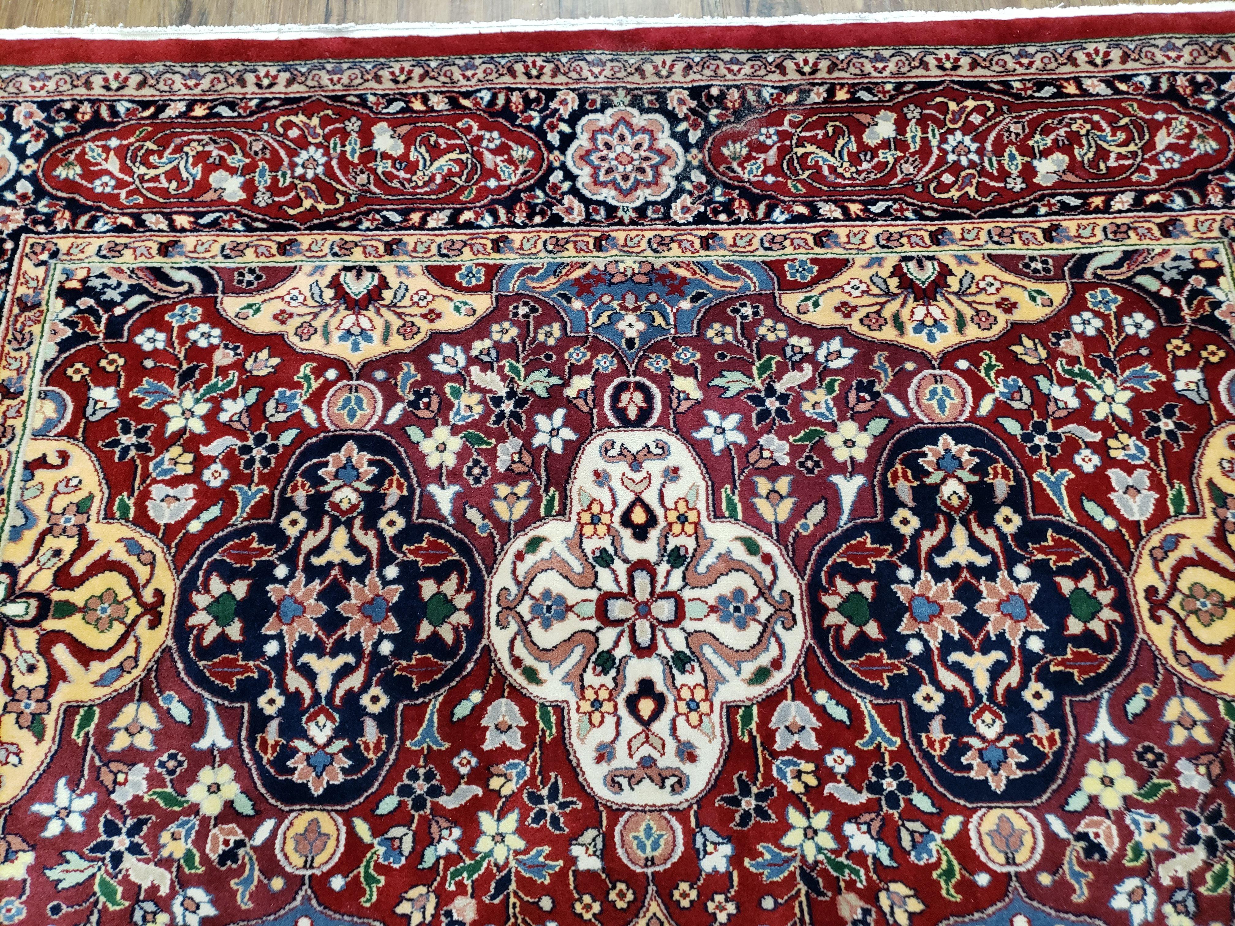 Vintage Indian Area Rug, Persian Design, Hand-Knotted Wool Carpet, Red Indo-Kirman Panel Design Rug, Birds, Floral, 6x9 Rug - Jewel Rugs