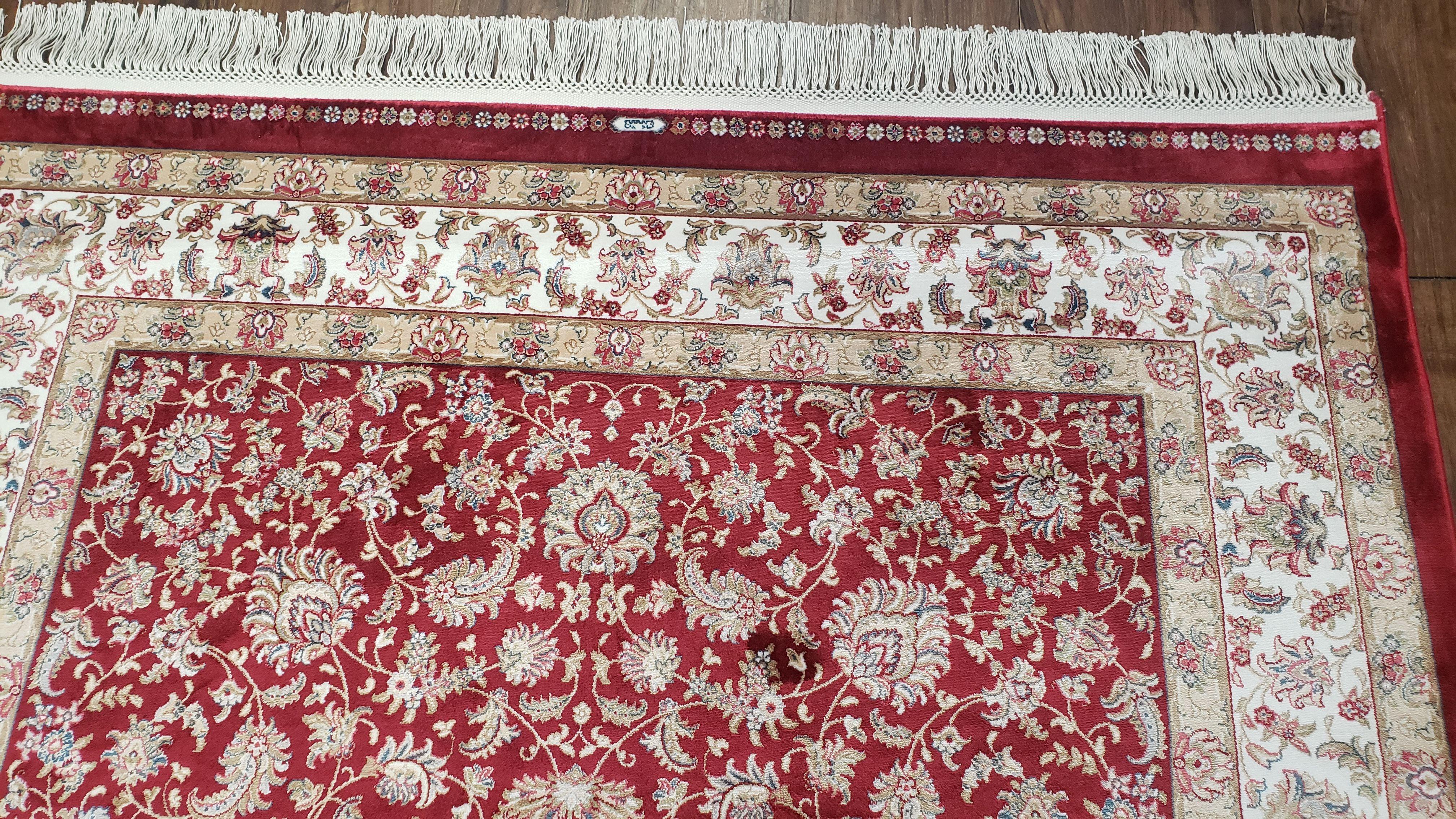 Dark Red Silk Carpet 4 by 6 Oriental Rug, Cream, Allover Pattern, Persian Design, Bamboo Silk, Mint Condition, Super Soft, Fine, Top Quality - Jewel Rugs