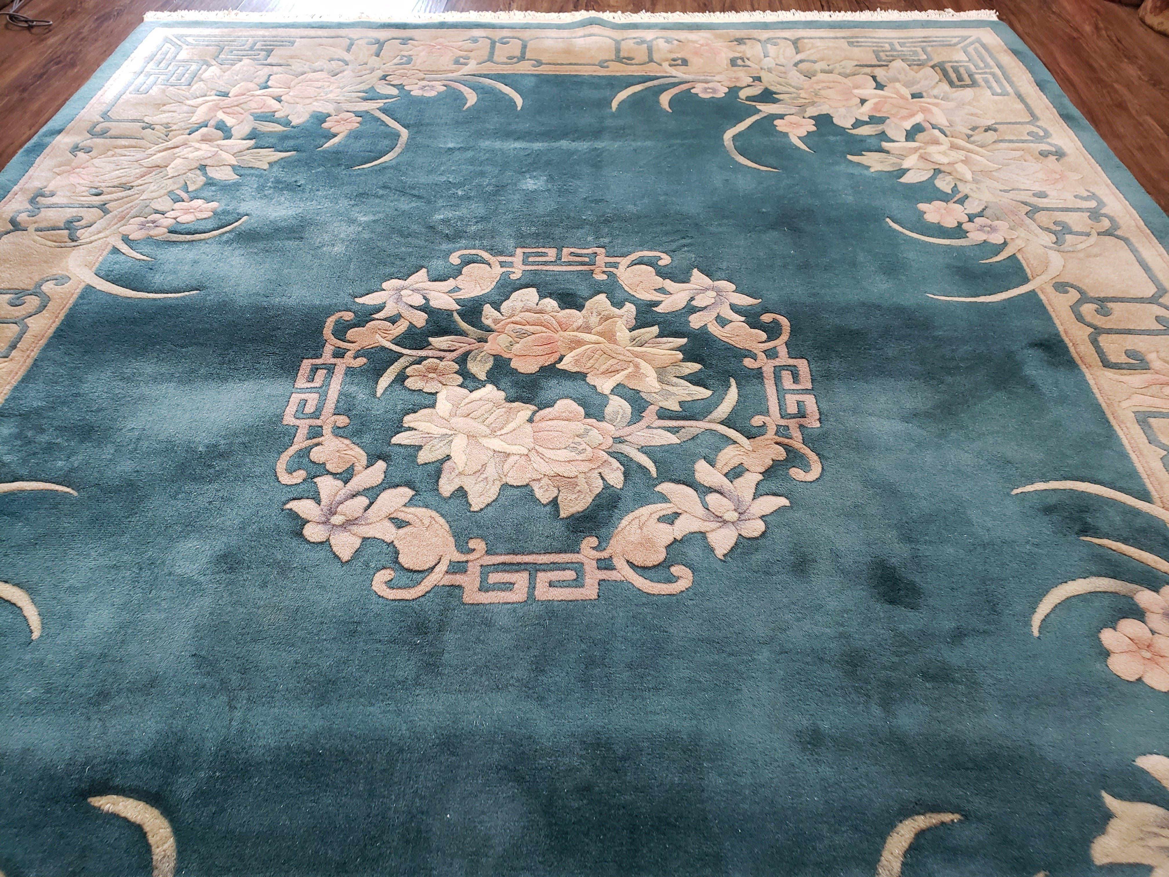 Chinese Carving Rug, 8x10 Rugs, Teal and Beige Chinese Carpet, Chinese 90 Line Rug, Vintage Chinese Art Deco Wool Rug, Handmade Rug, Floral - Jewel Rugs