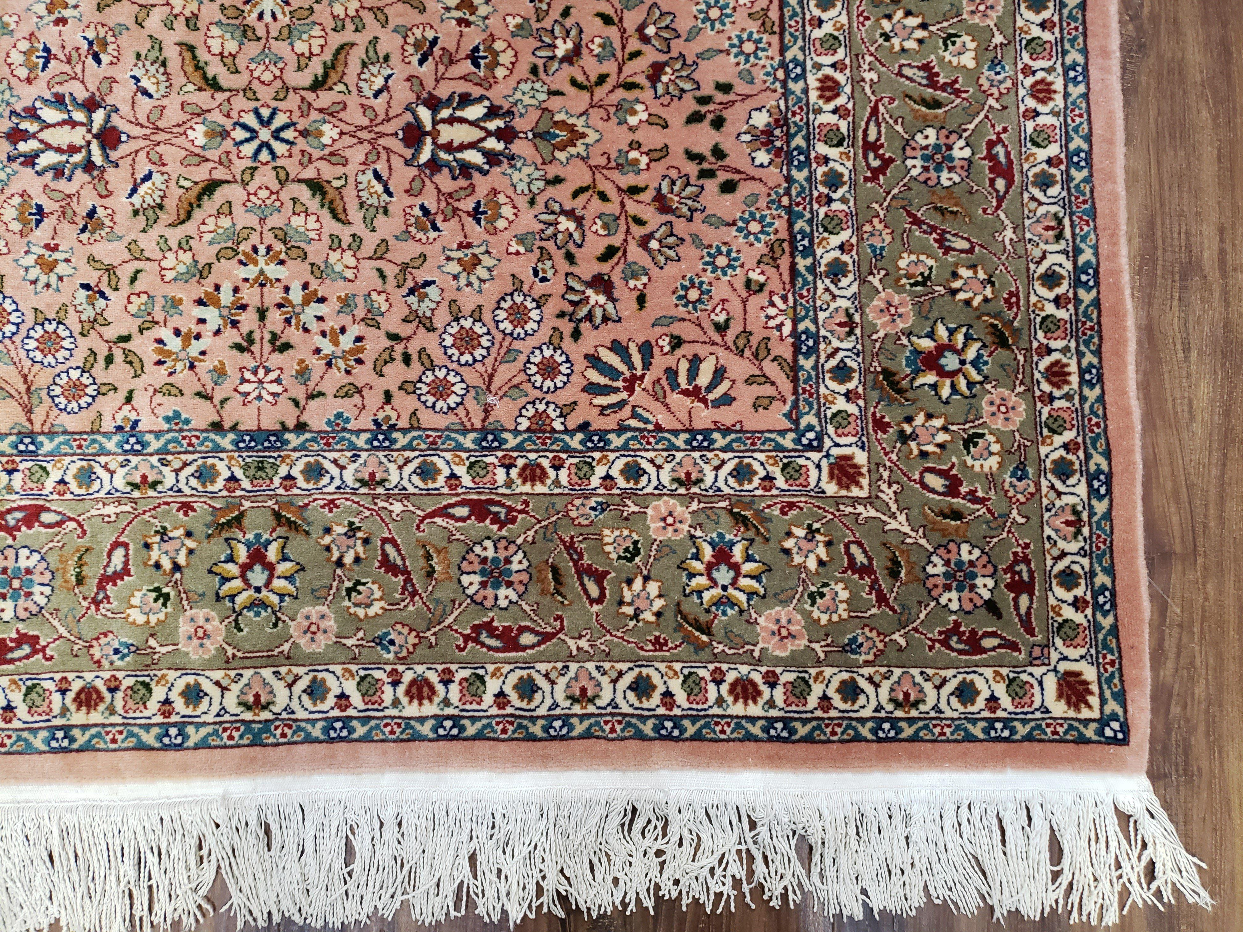 Turkish Hereke Rug 4x6, Wool on Cotton Turkish Hereke Carpet 4 x 6 ft, Handmade Hand Knotted Fine Oriental Rug, Light Coral Red and Green - Jewel Rugs