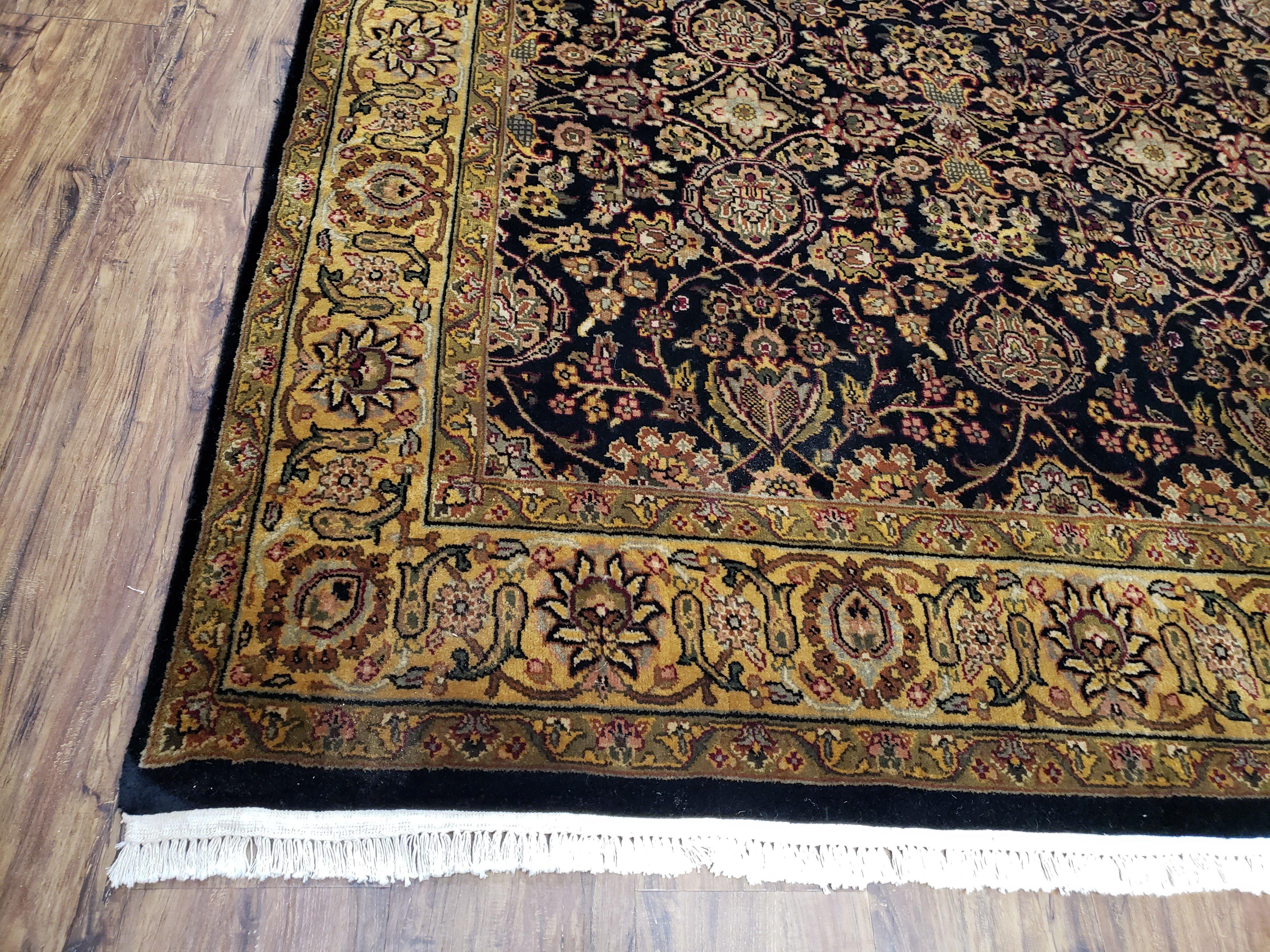 Vintage Floral Indo-Persian Area Rug 5x9 - 6x10, Wool Hand-knotted Black & Gold Indian Oriental Carpet, 6x9 Dining Table Rug, Bedroom Rug - Jewel Rugs