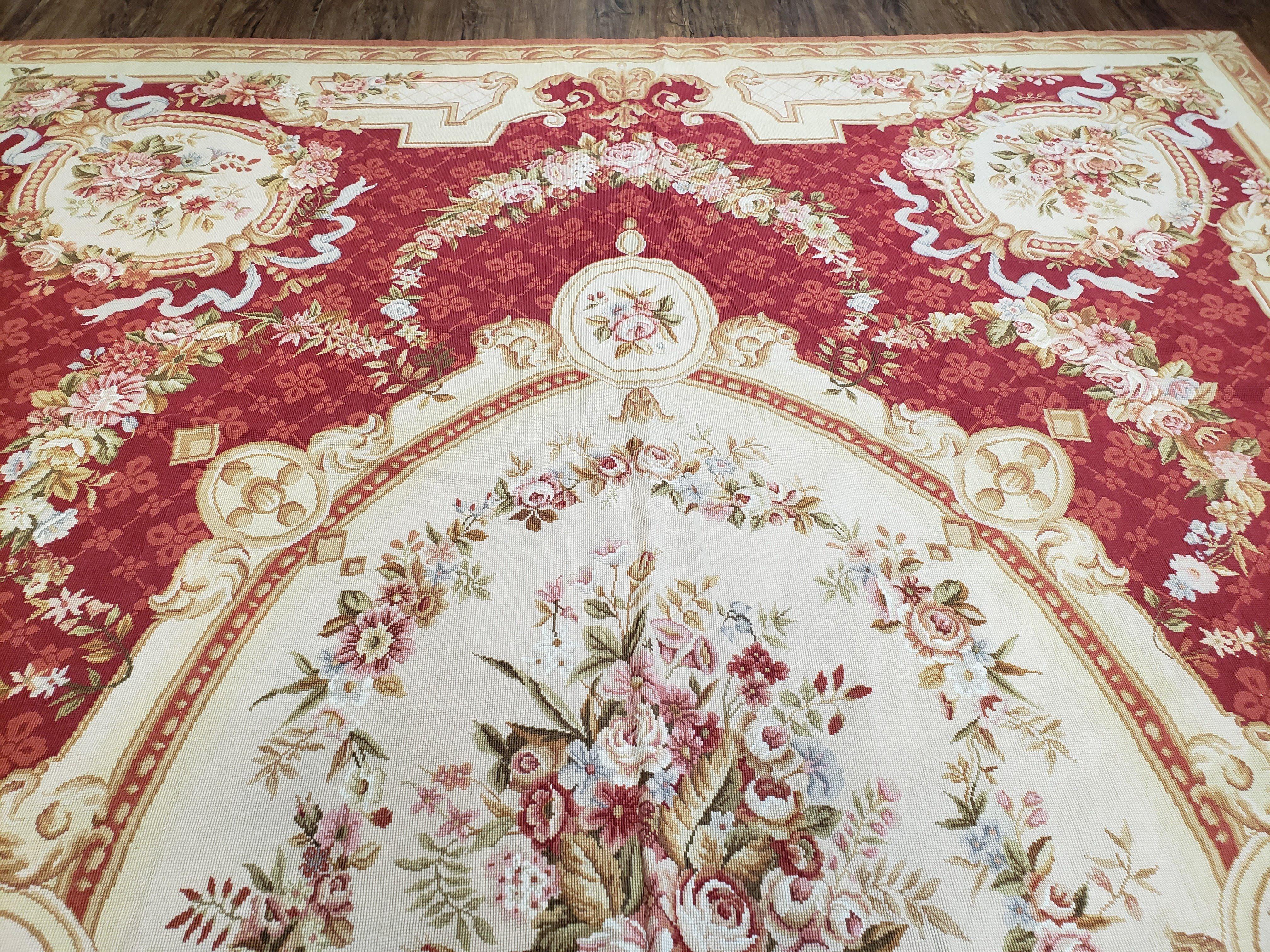 Vintage Aubusson Rug, Aubusson Savonnerie Needlepoint Area Rug 8x11, Handmade Wool Red & Ivory Chinese Aubusson European Carpet, Flat Pile - Jewel Rugs