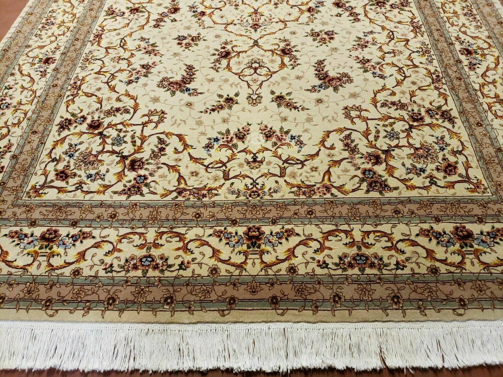 6' X 9' Vintage Handmade Ultra Fine Chinese Floral Wool Rug Silk Accents Beige - Jewel Rugs