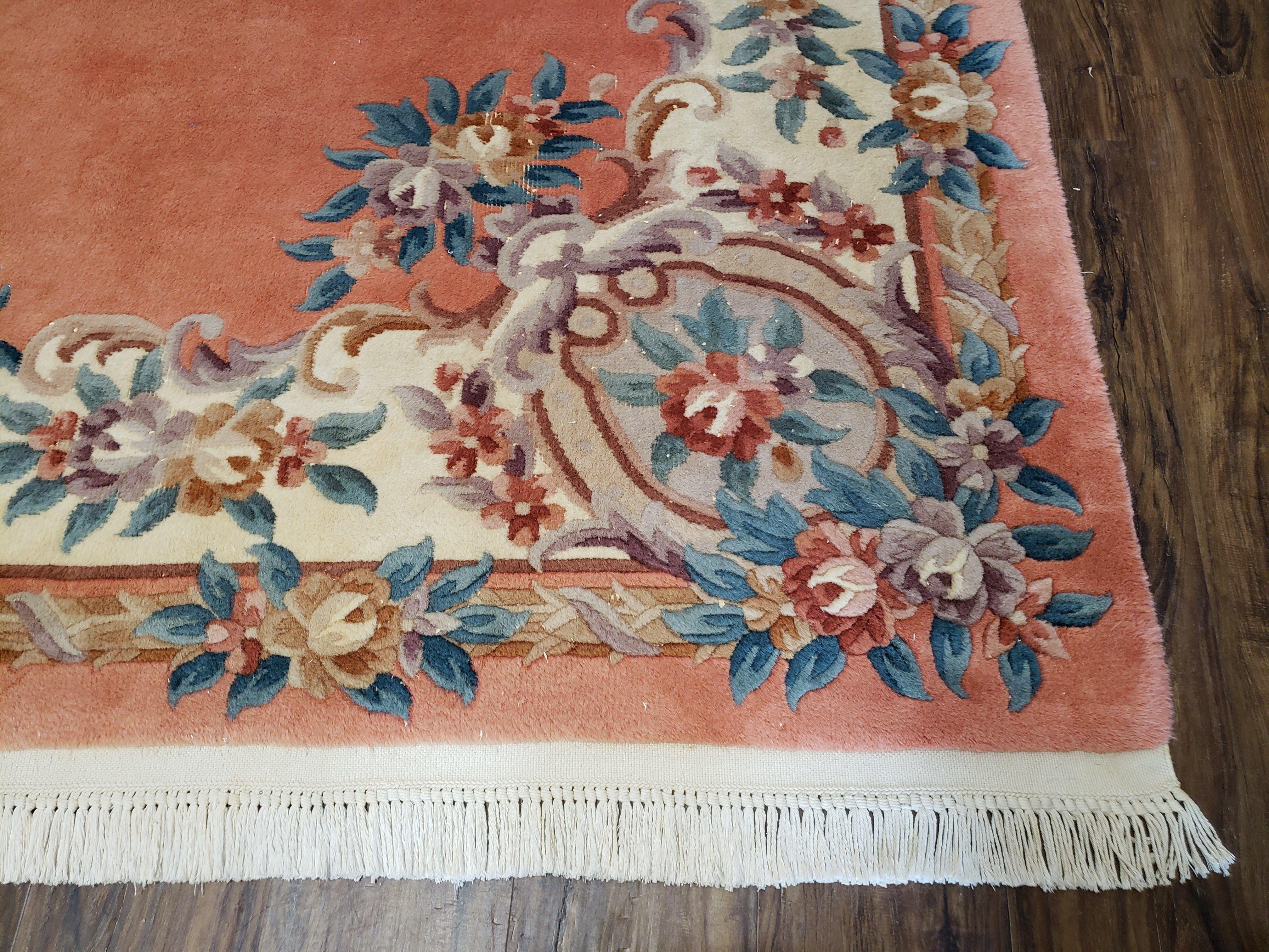 Vintage Chinese Aubusson Area Rug, Light Salmon Beige & Blue, Flowers, Plush Pile, Hand-Knotted, Chinese Art Deco Carpet, 8'3" x 11' 4" - Jewel Rugs