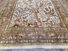 Stunning Semi Antique Silk Persian Qum Tree of Life Rug, Animal Motifs, Hand-Knotted, Cream and Gold, 4'8" x 7' 2" - Jewel Rugs