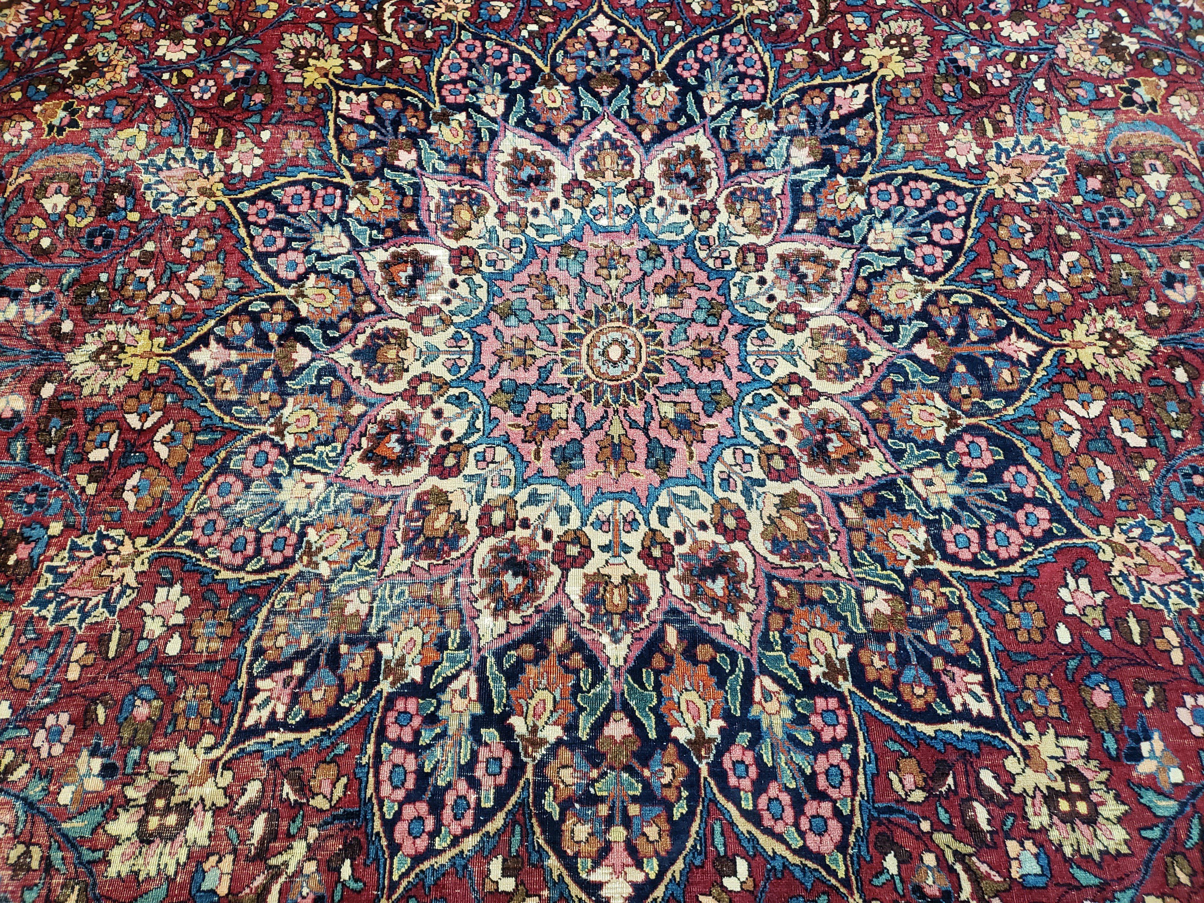 Antique Persian Mashad Rug, Palace Size, Hand-Knotted, Wool, Allover Floral with Medallion, Ruby Red and Dark Blue, 11' x 15' - Jewel Rugs