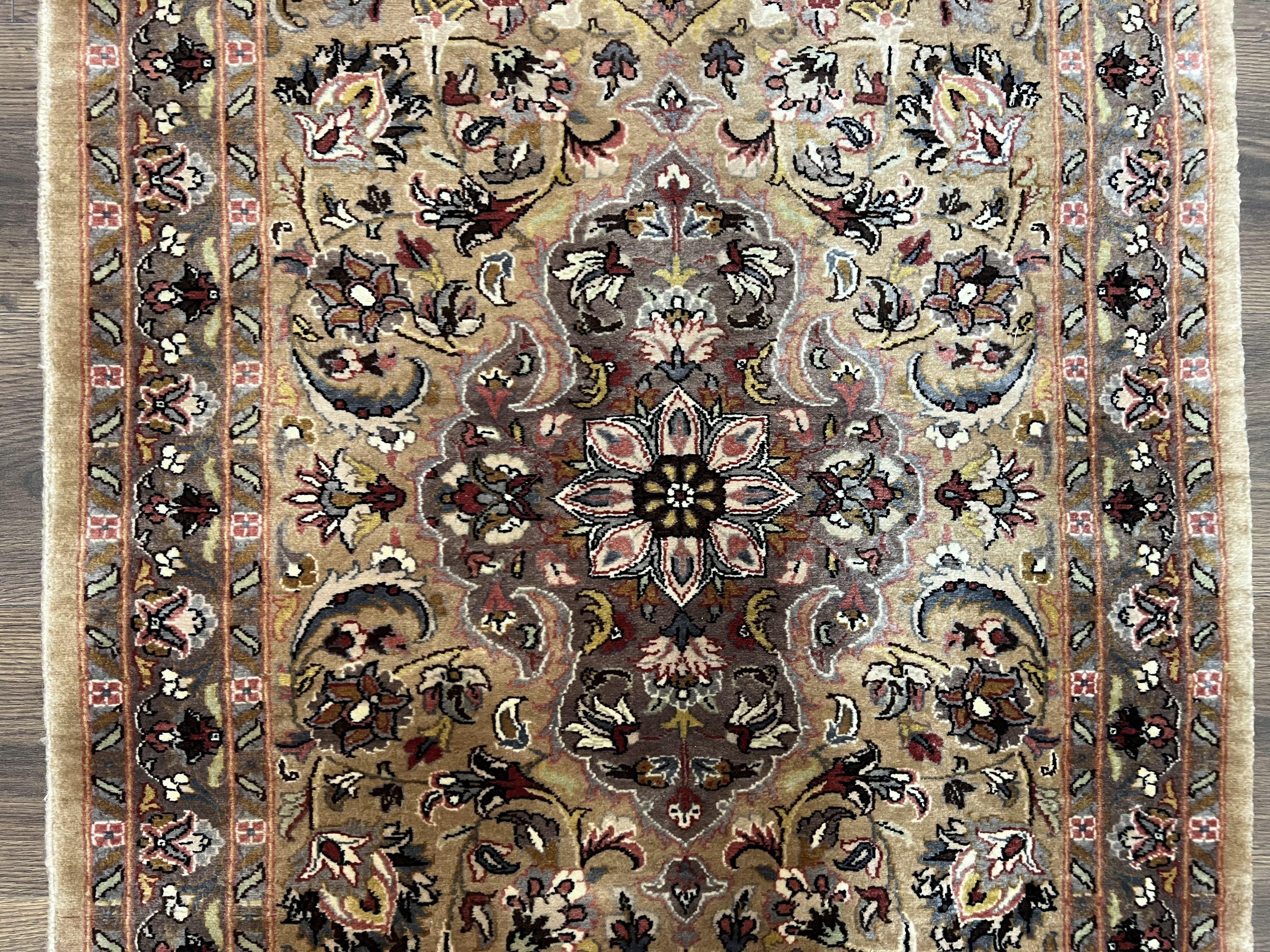 Indo Persian Runner Rug 2.8 x 10, Tan Hand Knotted Oriental Hallway Carpet, 10ft Long Runner, Indian Runner, Floral Allover, Handmade Nice - Jewel Rugs