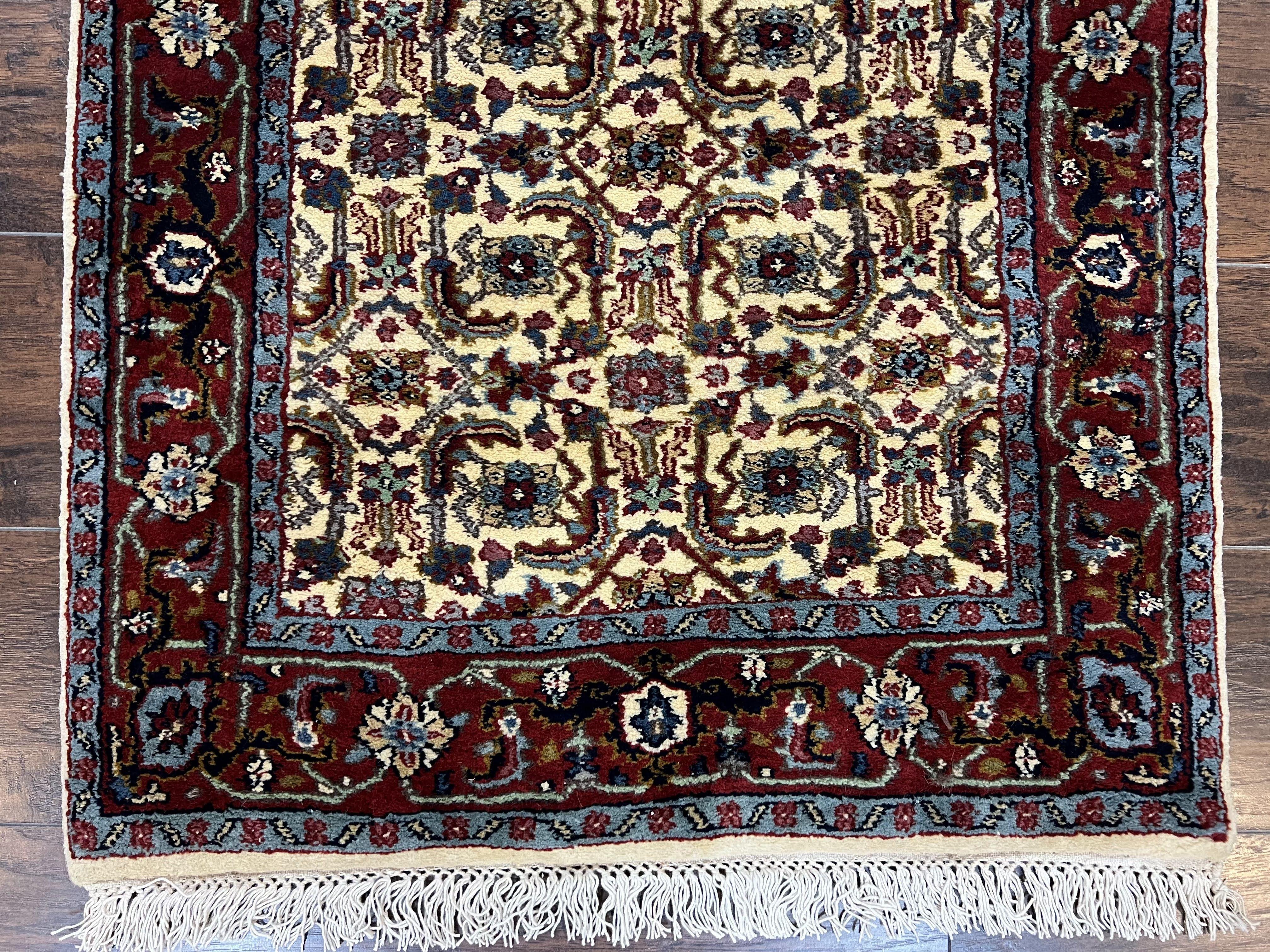 Indo Persian Runner Rug 2.6 x 8.4, Allover Herati Design Cream and Maroon, Vintage Wool Hand Knotted Handmade Indian Runner Rug, Hallway Rug - Jewel Rugs