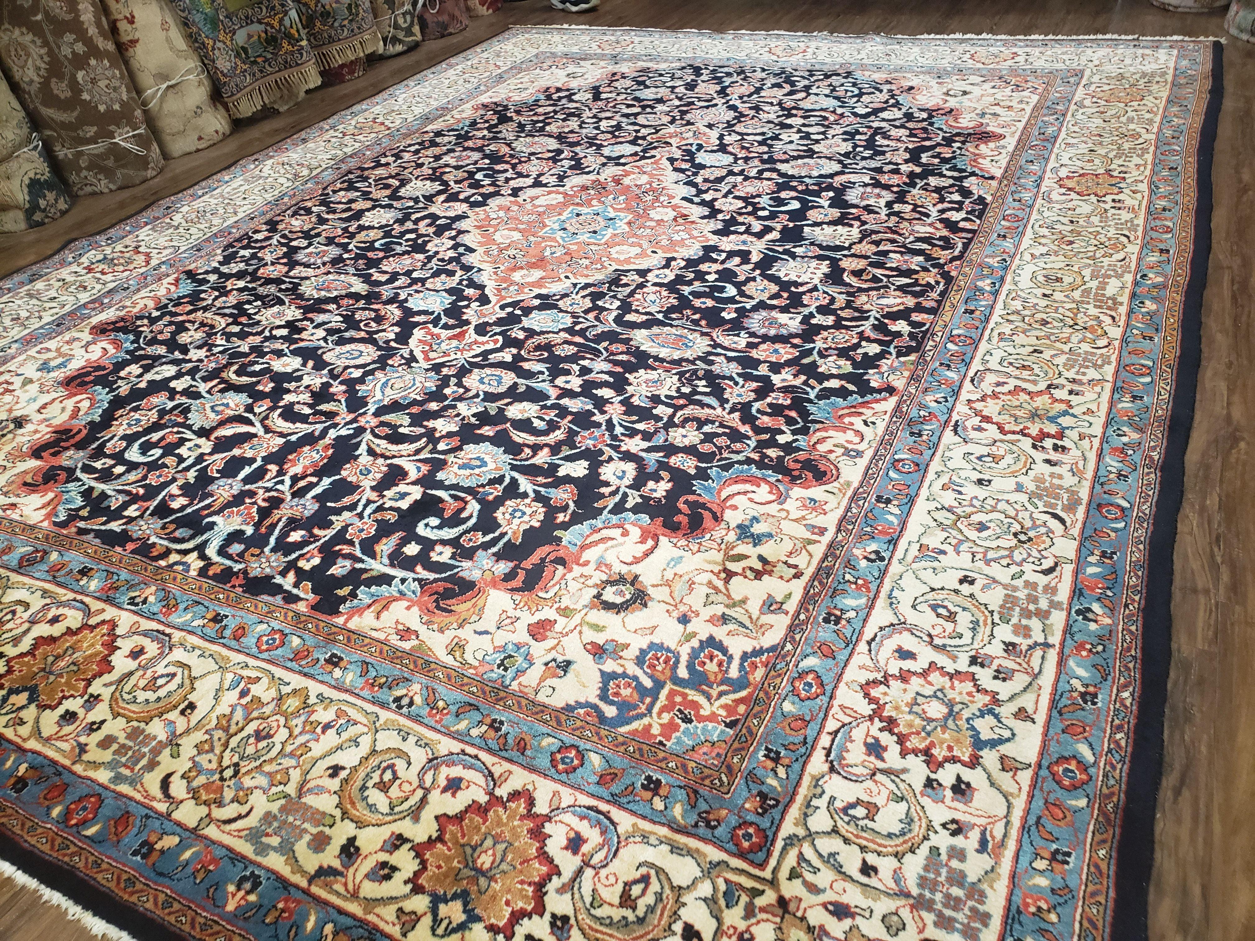 Semi Antique Persian Sarouk Rug, Dark Blue - Red - Beige, Hand-Knotted, Wool, 8'9" x 11'7" - Jewel Rugs